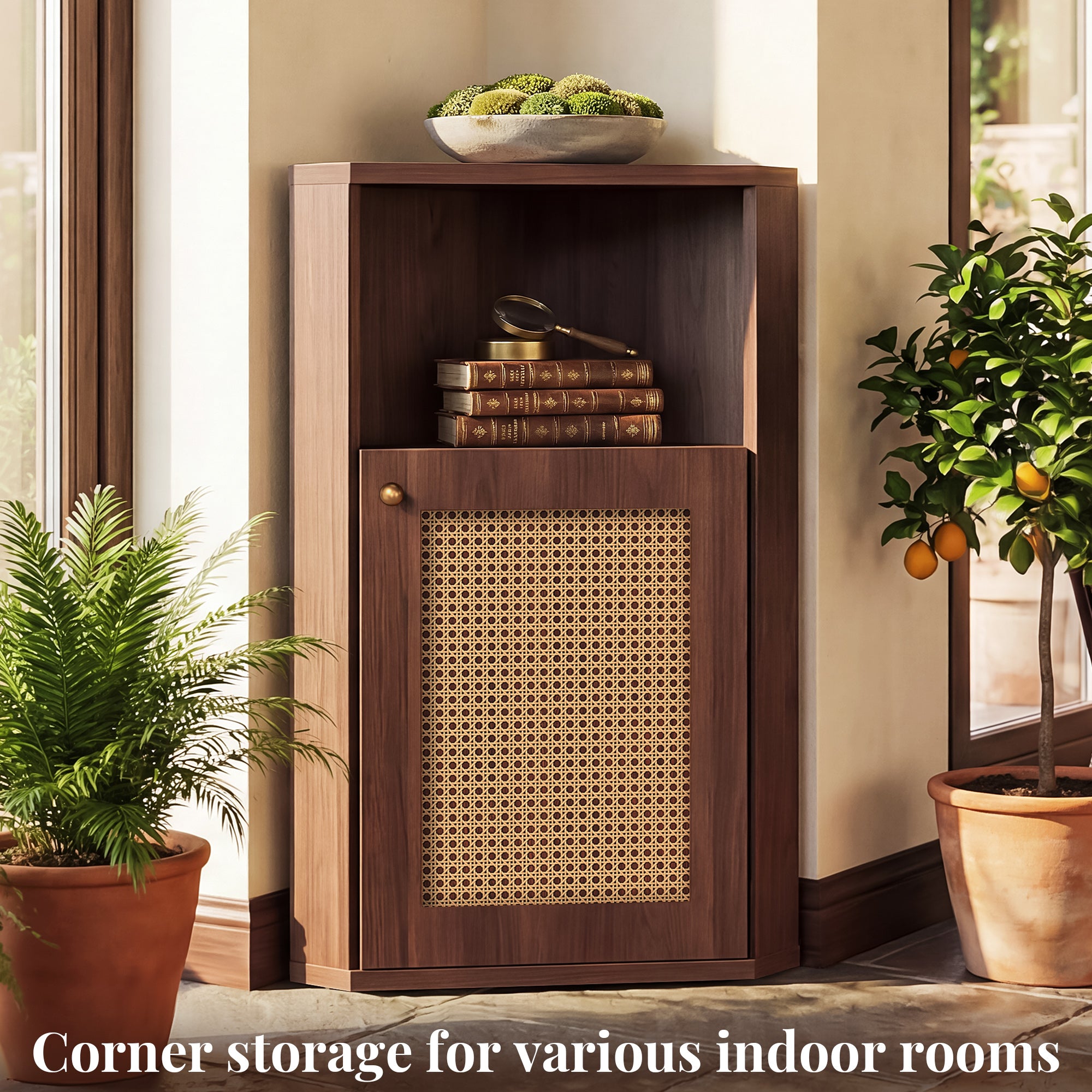 OMCHOM Corner Bathroom Cabinet, Space-Saving 90° Triangular Design with Adjustable Internal Shelf, With Elegant Rattan Door, Anti-Tip & Soft-Close Features, Multipurpose Organizer for Bathroom Bedroom Living Room Entryway