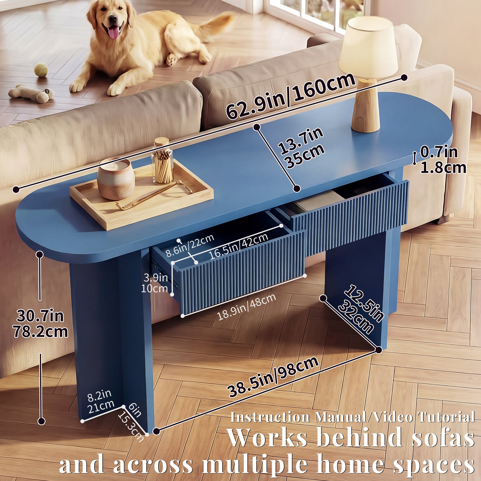 OMCHOM 63-Inch Farmhouse Console Table with Storage with 2 drawers,Entryway Sofa Table for Living Room Use, Hallway Behind Couch Farmhouse Home Decor Wood Piece