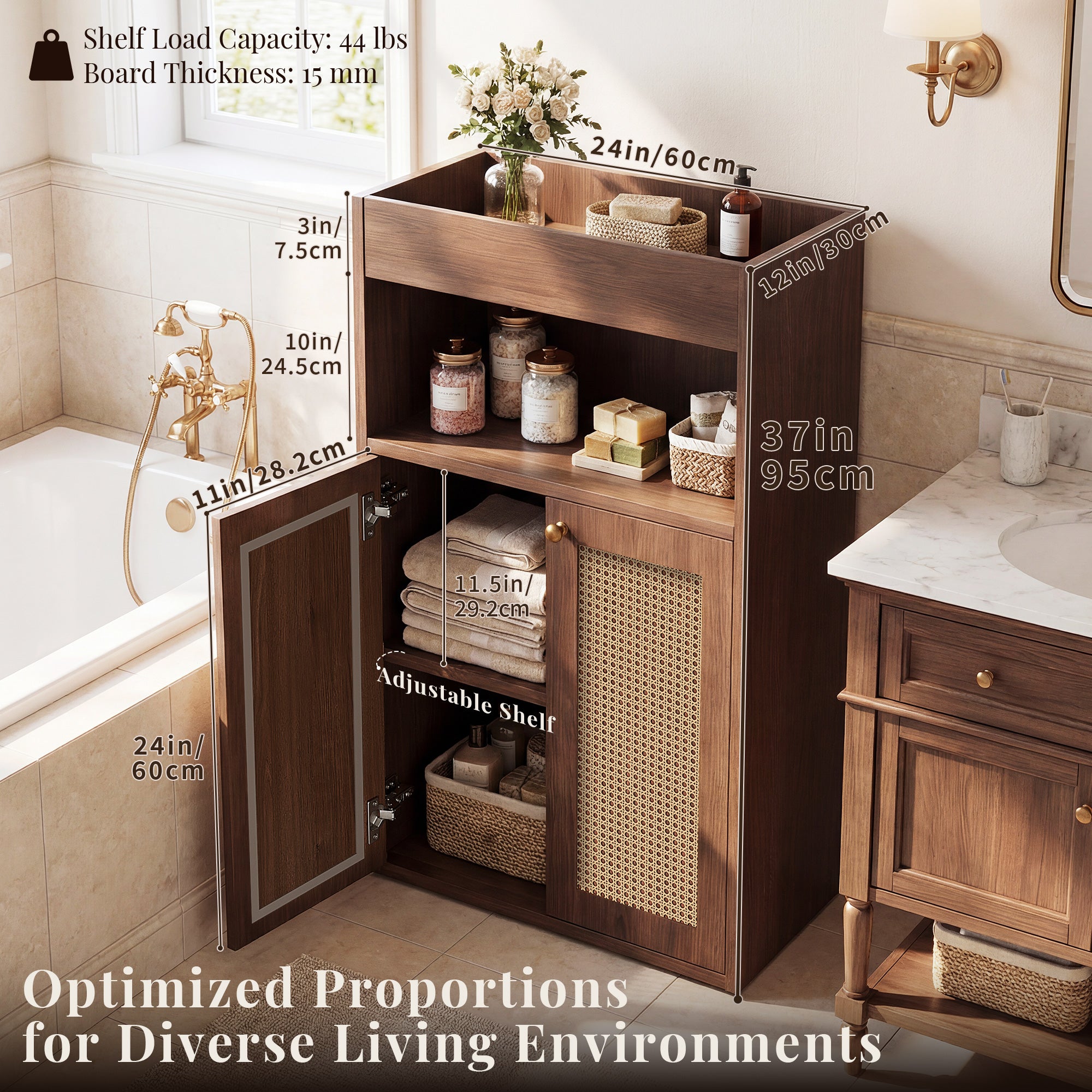 OMCHOM Easy Setup Bathroom Cabinet Organizer, Bathroom Floor Storage Cabinet, Wooden Storage Organizer with 2-Door Space-Saving Cabinet with Shelves and 1 Cupboard, Freestanding Entryway Storage Unit Console Table