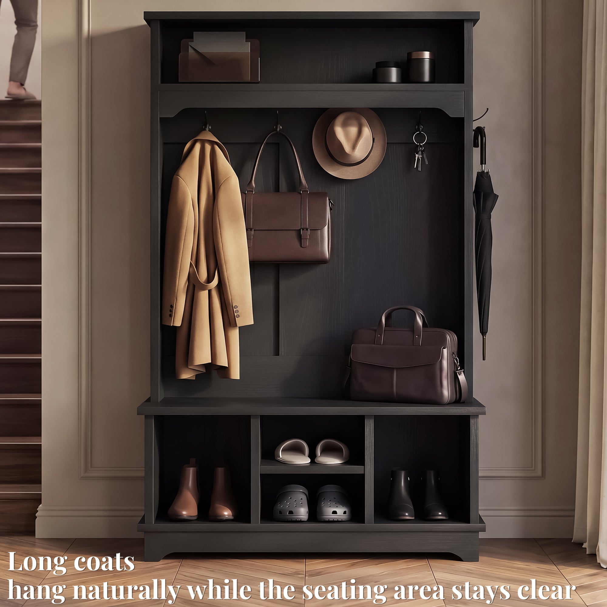 OMCHOM 5-in-1 Entryway Hall Tree with Bench & 4-Hook Coat Rack Organizer with Shoe Storage for Clothes, Shoes, Hats, Scarves, Bags, Umbrellas & Keys | 71" Tall Coat Rack with Shoe Storage & Top Shelf