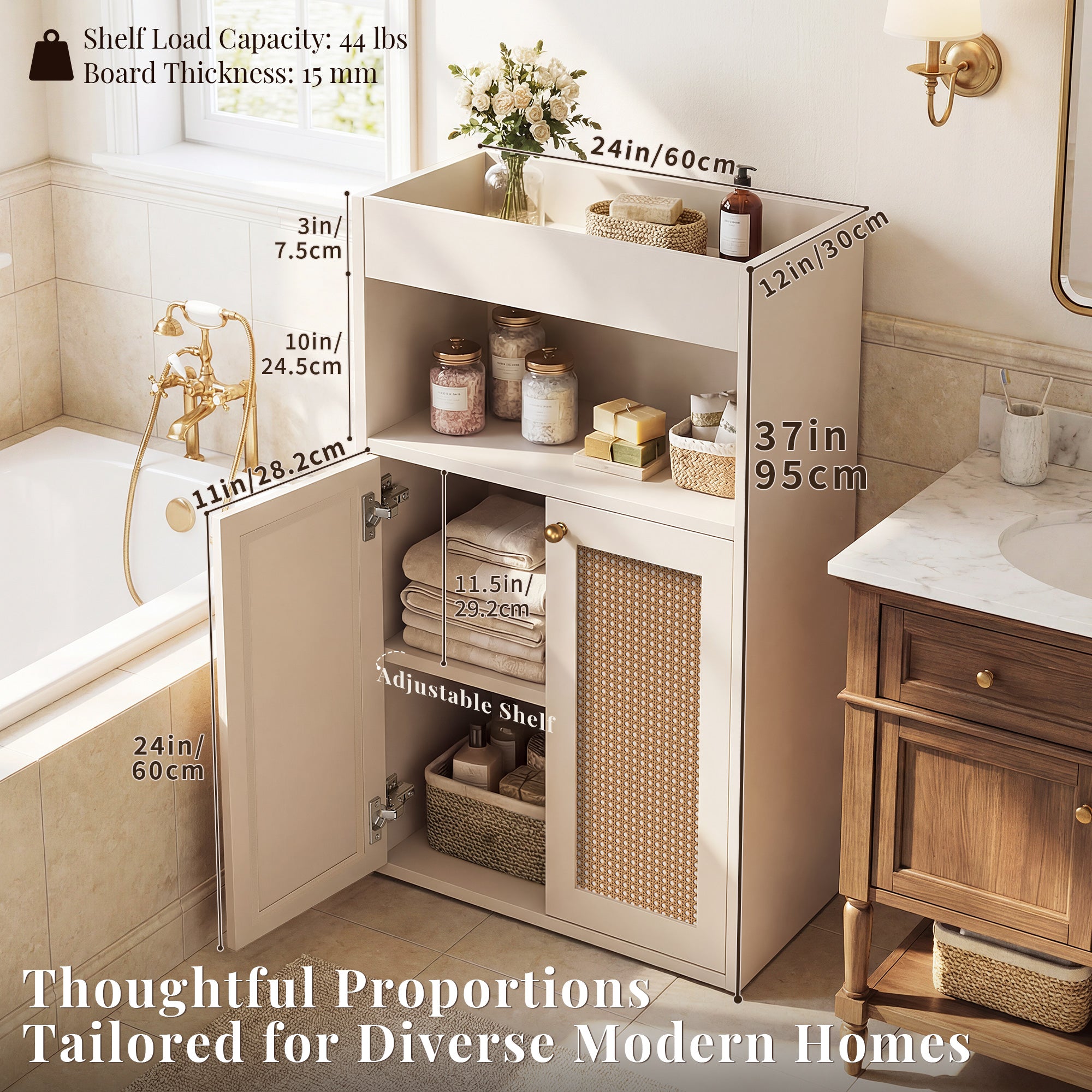 OMCHOM Easy Setup Bathroom Cabinet Organizer, Bathroom Floor Storage Cabinet, Wooden Storage Organizer with 2-Door Space-Saving Cabinet with Shelves and 1 Cupboard, Freestanding Entryway Storage Unit Console Table