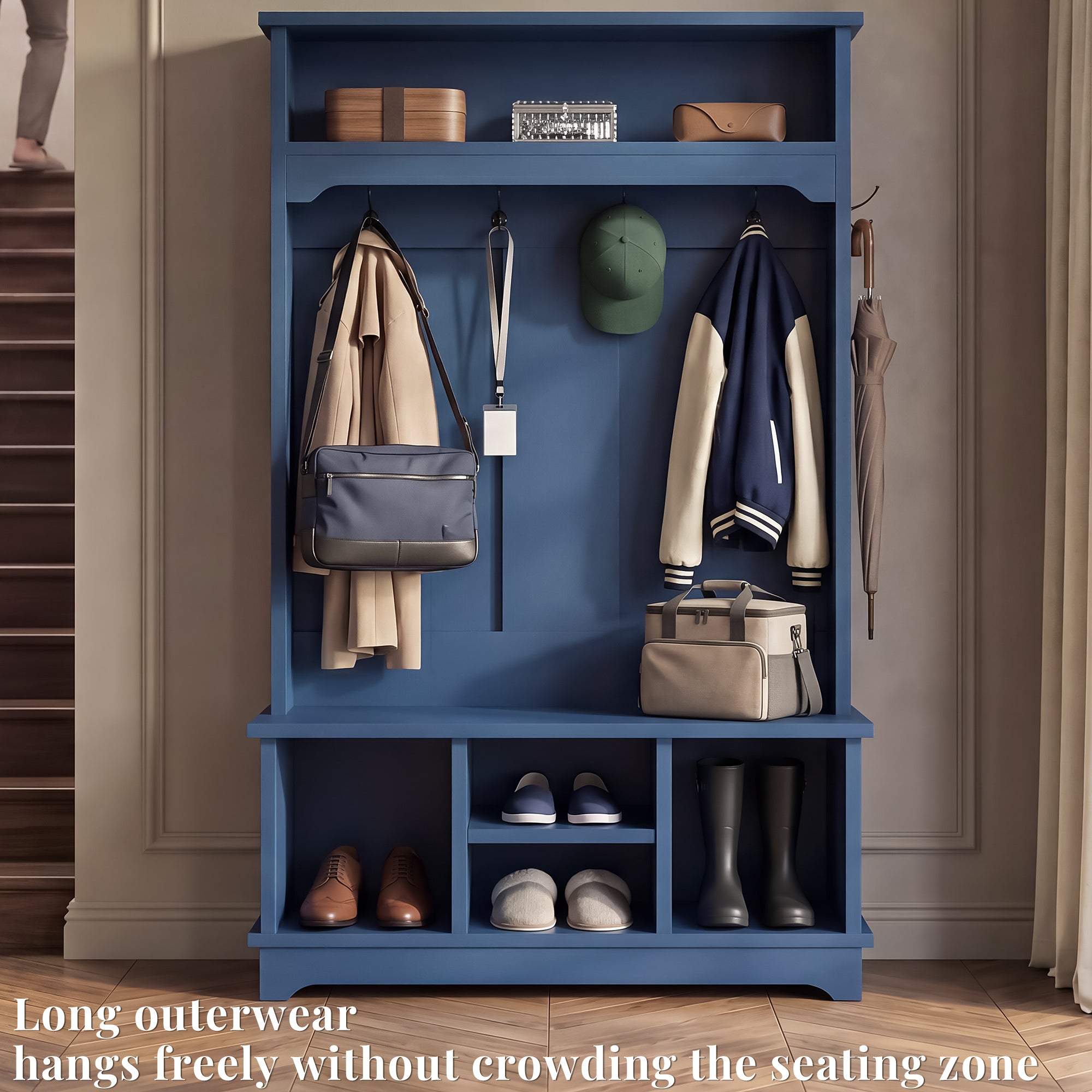 OMCHOM 5-in-1 Entryway Hall Tree with Bench & 4-Hook Coat Rack Organizer with Shoe Storage for Clothes, Shoes, Hats, Scarves, Bags, Umbrellas & Keys | 71" Tall Coat Rack with Shoe Storage & Top Shelf