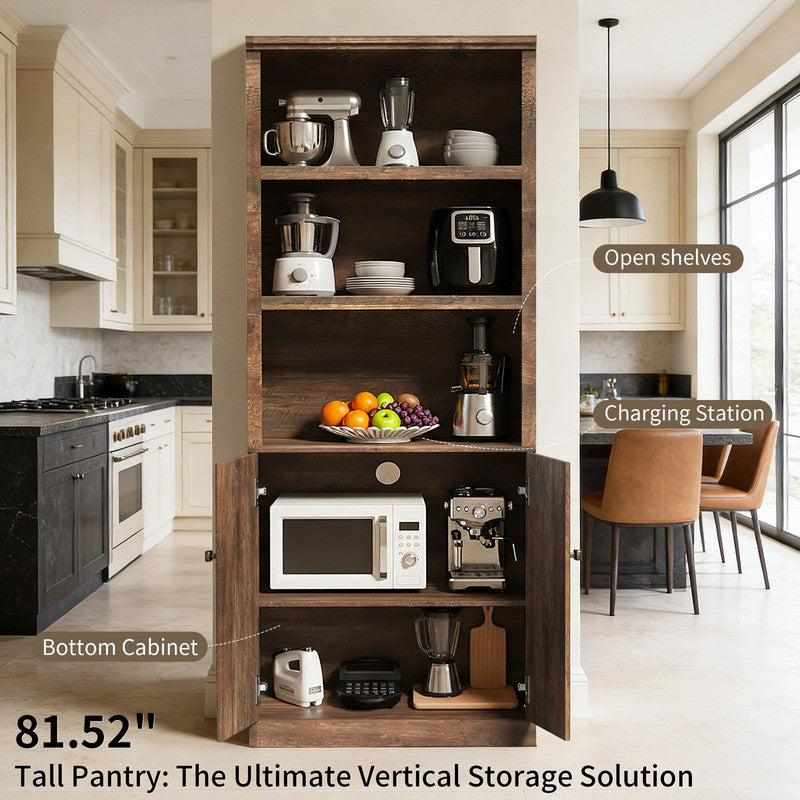 CATLK 81.50" Tall Storage Cabinet - Side Cabinet with Storage Shelves, Narrow Bookcase with 2 Doors, 3 Open Shelves & USB Port for Bathroom, Living Room or Kitchen, Rustic Brown