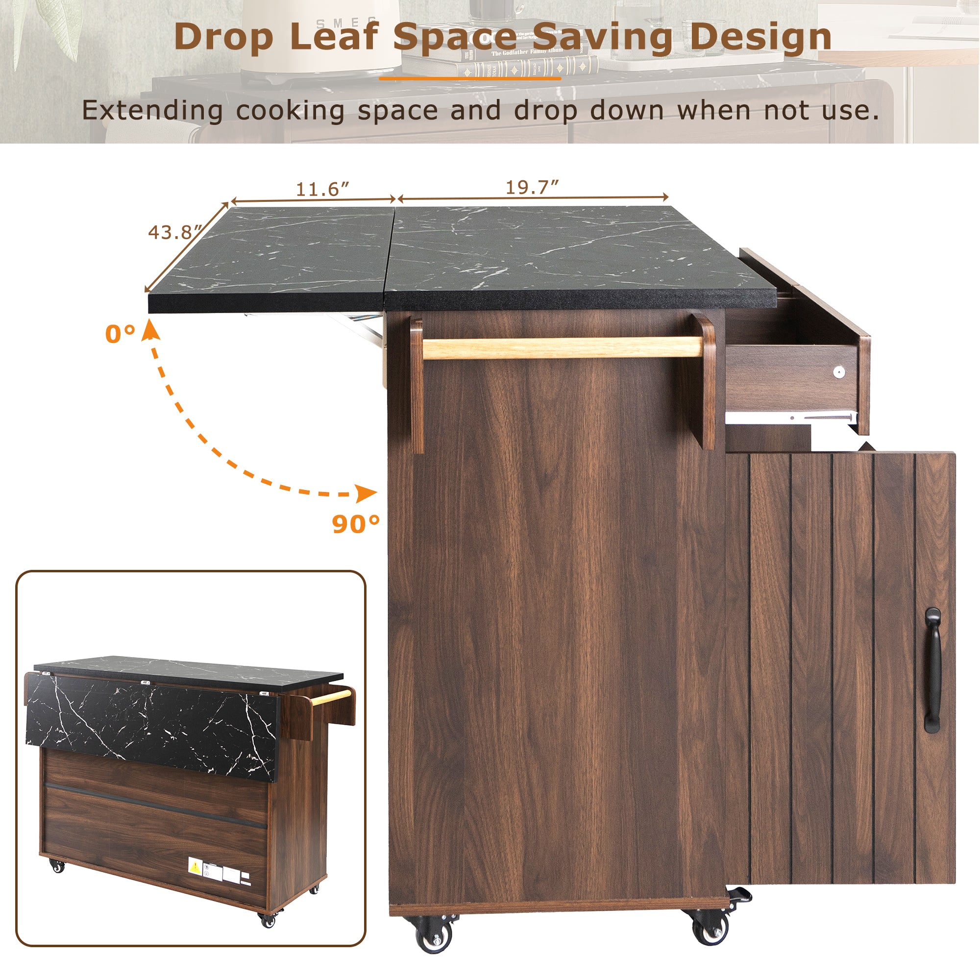 K&K Walnut Brown Kitchen Island Cart with Drop Leaf & Tilt-Out Trash Cabinet
