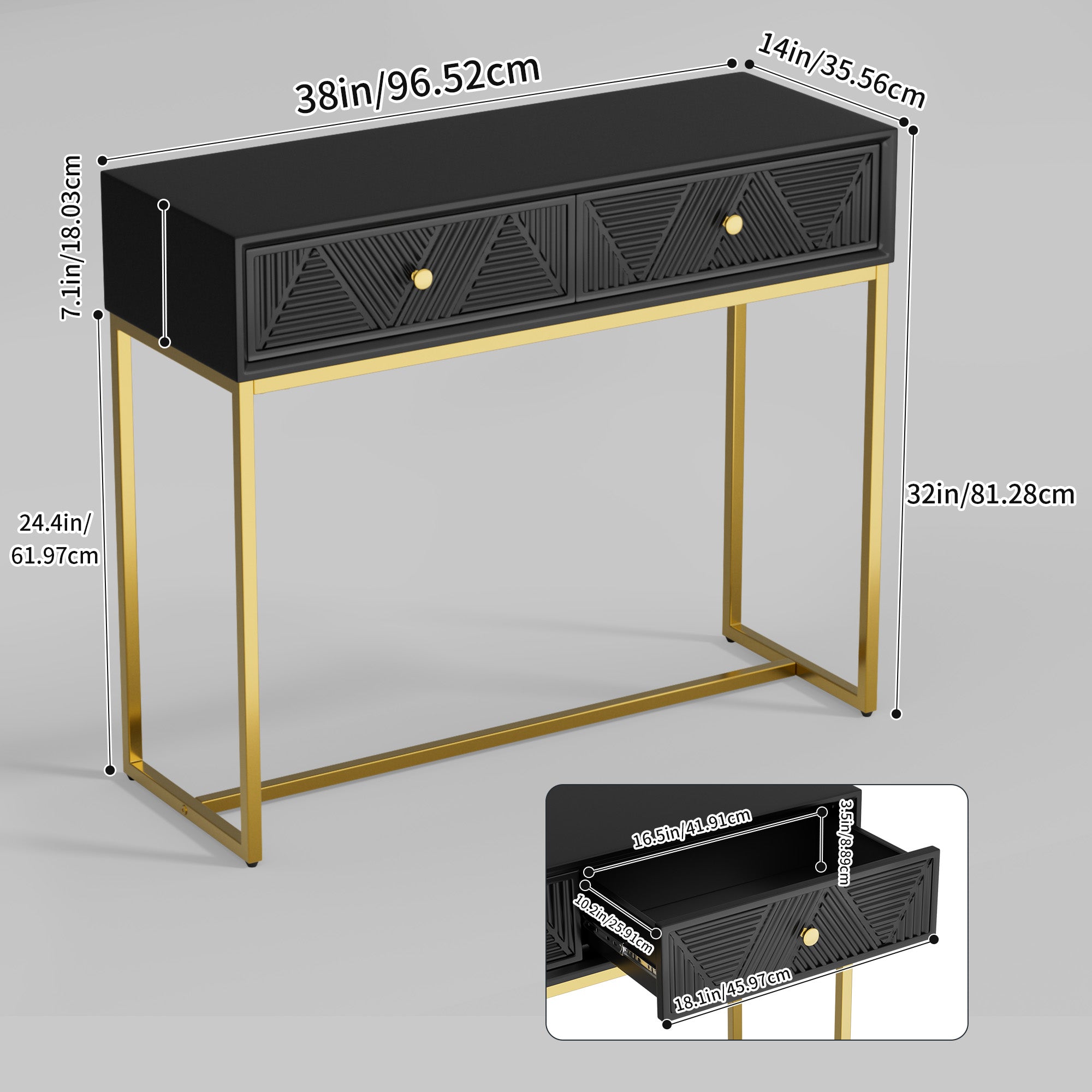 CATLK 38" Console Table with Stripe Design Drawers - Narrow Entryway Table, Wood Sofa Table with Gold Metal Legs for Living Room & Hallway