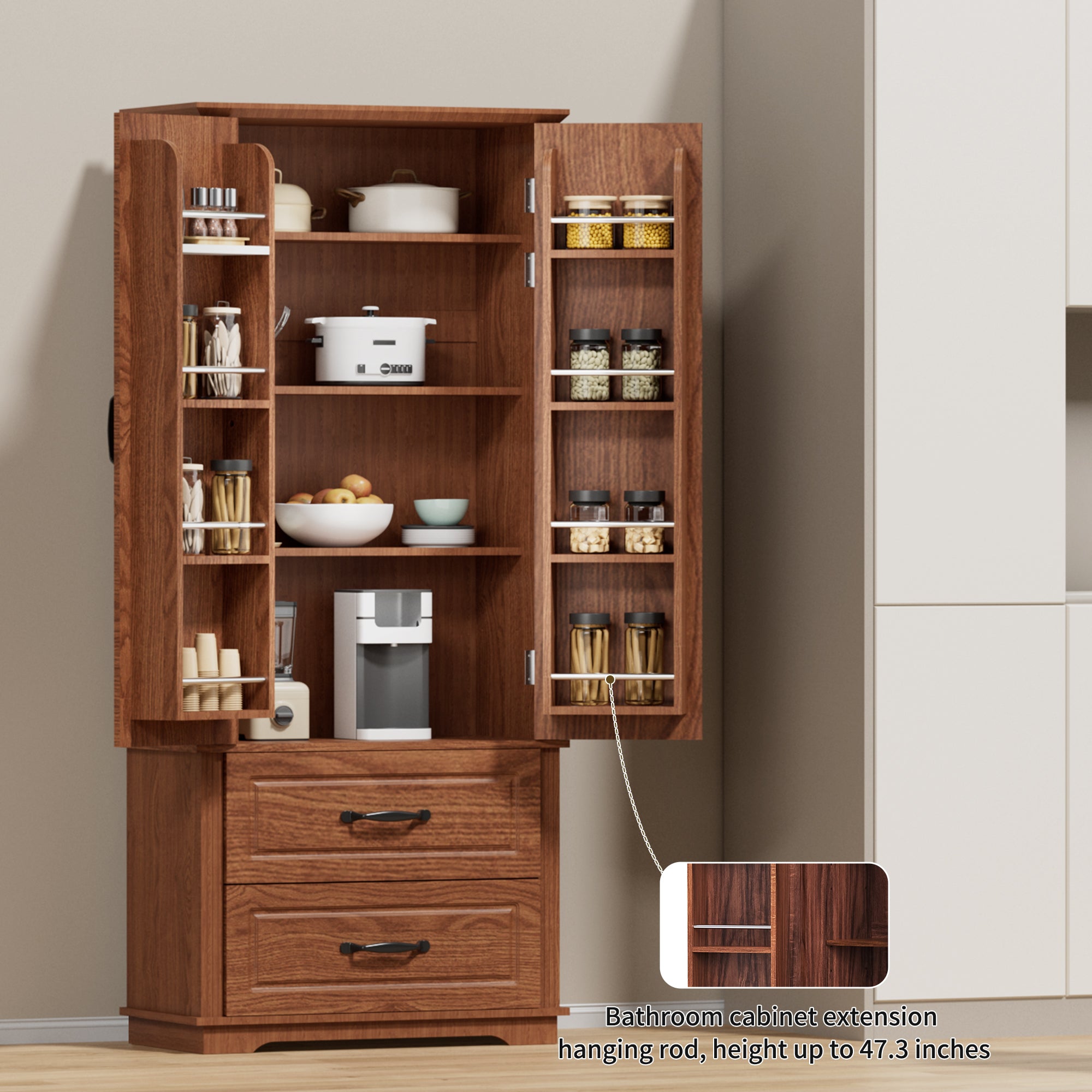 K&K 71" Farmhouse Kitchen Pantry Cabinet with Storage Brown