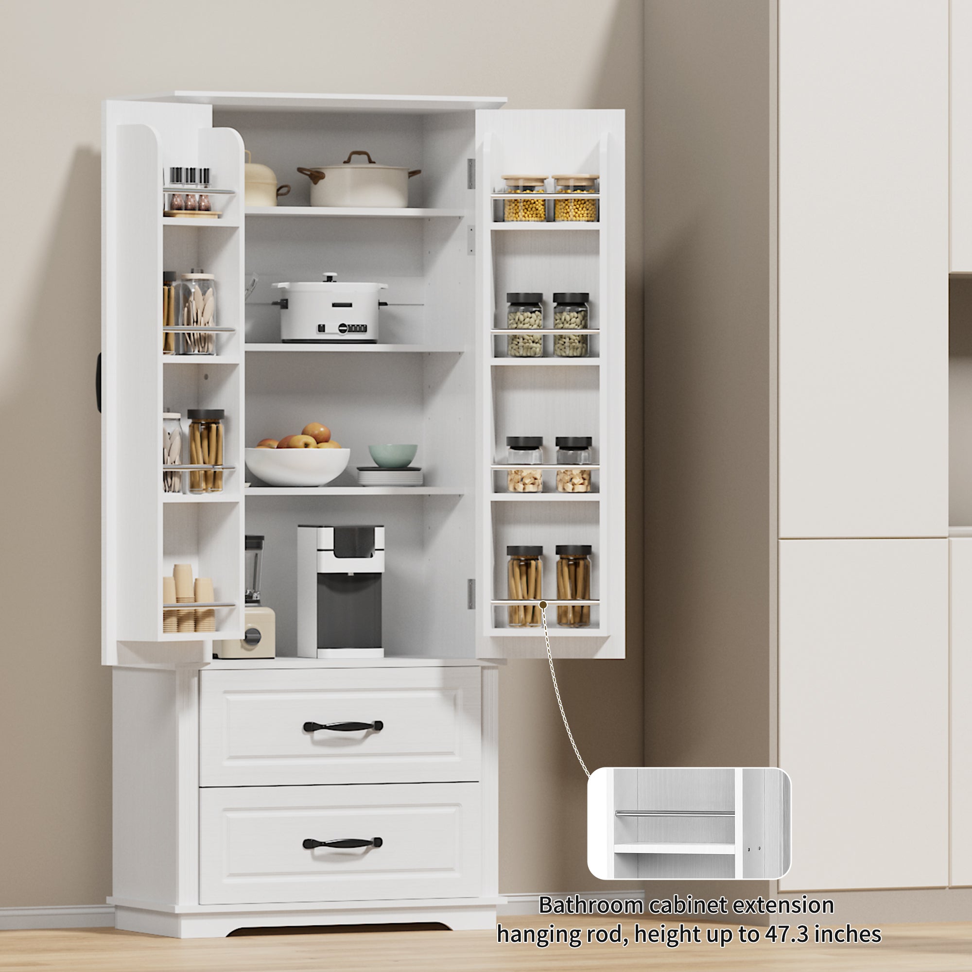 K&K 71" Farmhouse Kitchen Pantry Cabinet with Storage, White
