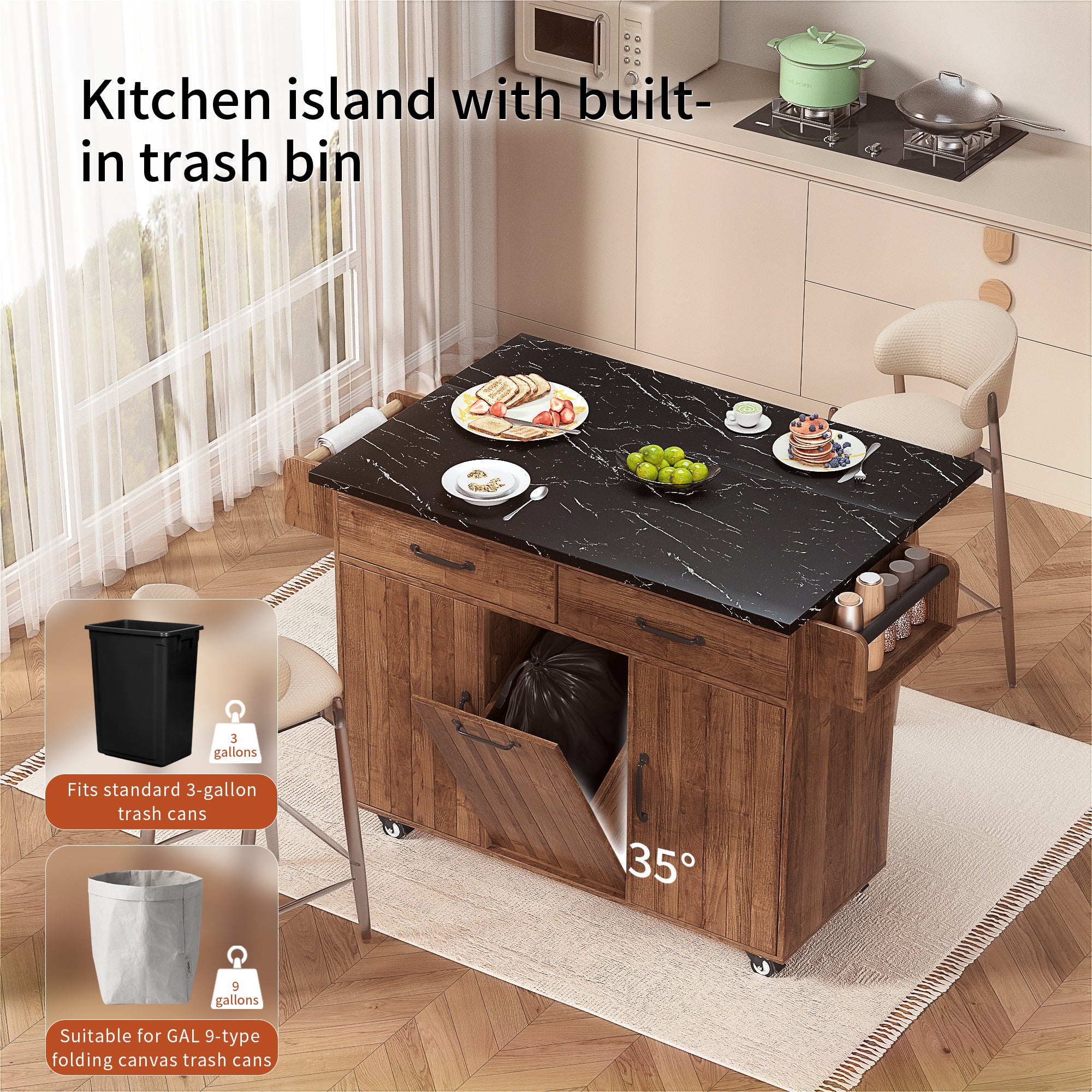 K&K Walnut Brown Kitchen Island Cart with Drop Leaf & Tilt-Out Trash Cabinet