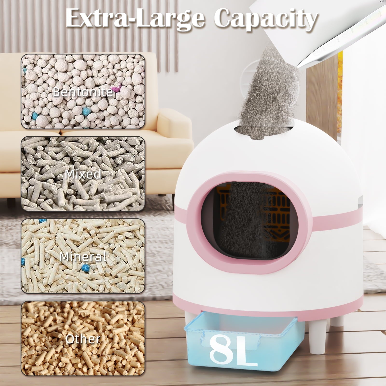 OMCPET Self Cleaning Litter Box, Automatic Cat Litter Box Self Cleaning Large Capacity for Multiple Cats, App-Controlled with Safety Sensors,1 Rolls Garbage Bags,Pink