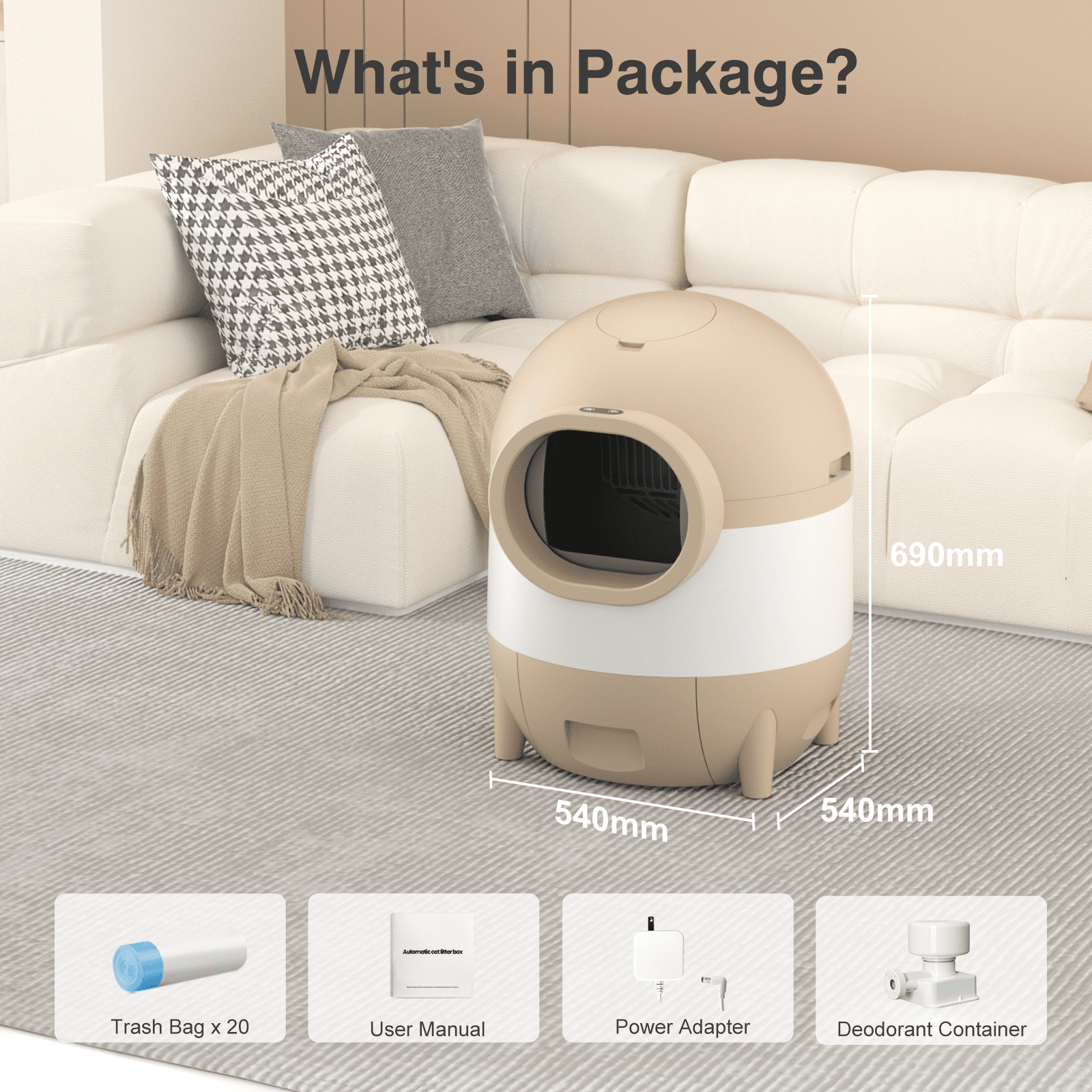 OMCPET 100L Smart Self Cleaning Cat Litter Box, Integrated Safety Protection Automatic Cat Litter Box for Multiple Cats, Odor Removal, APP Control, 2.4G Wifi, Brown