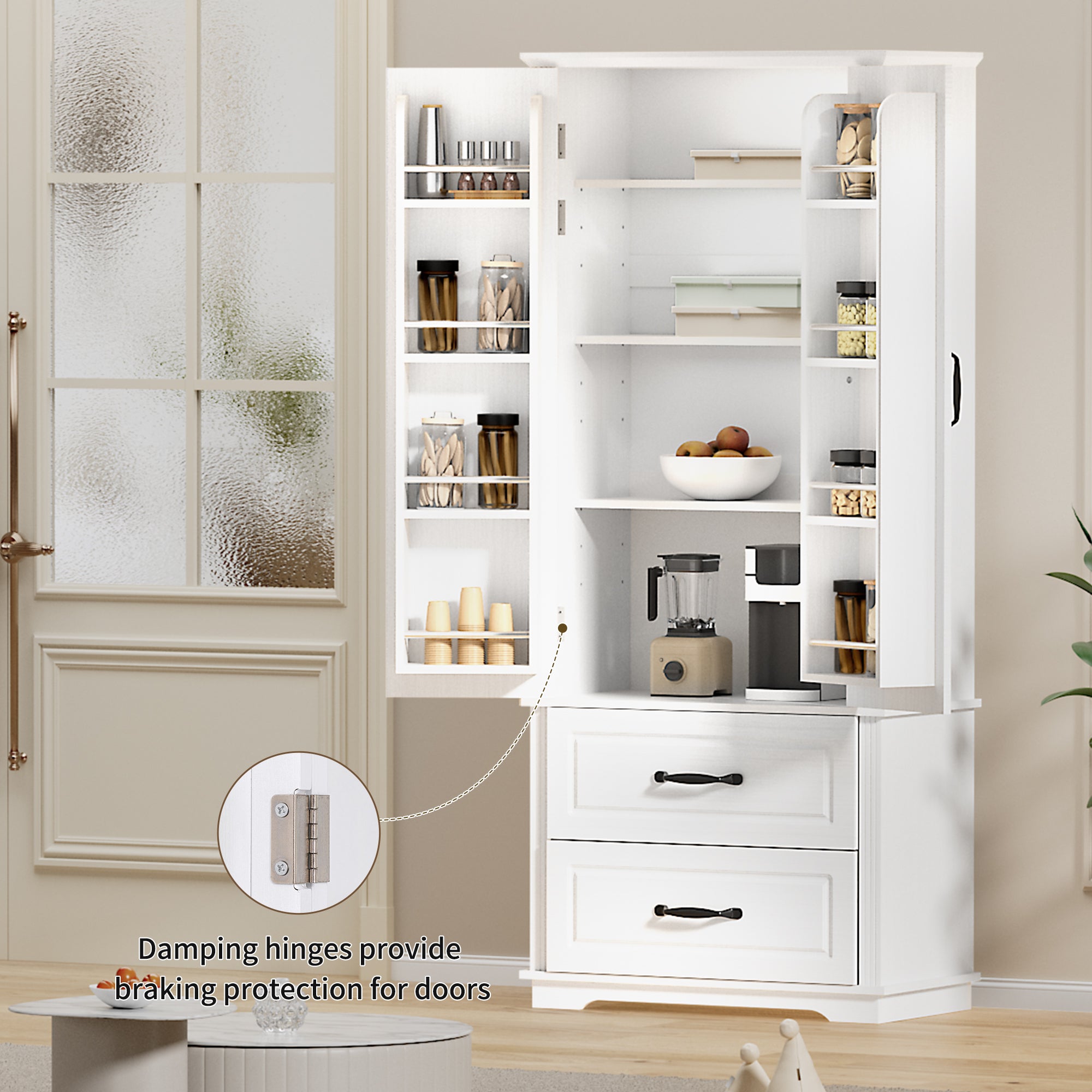 K&K 71" Farmhouse Kitchen Pantry Cabinet with Storage, White