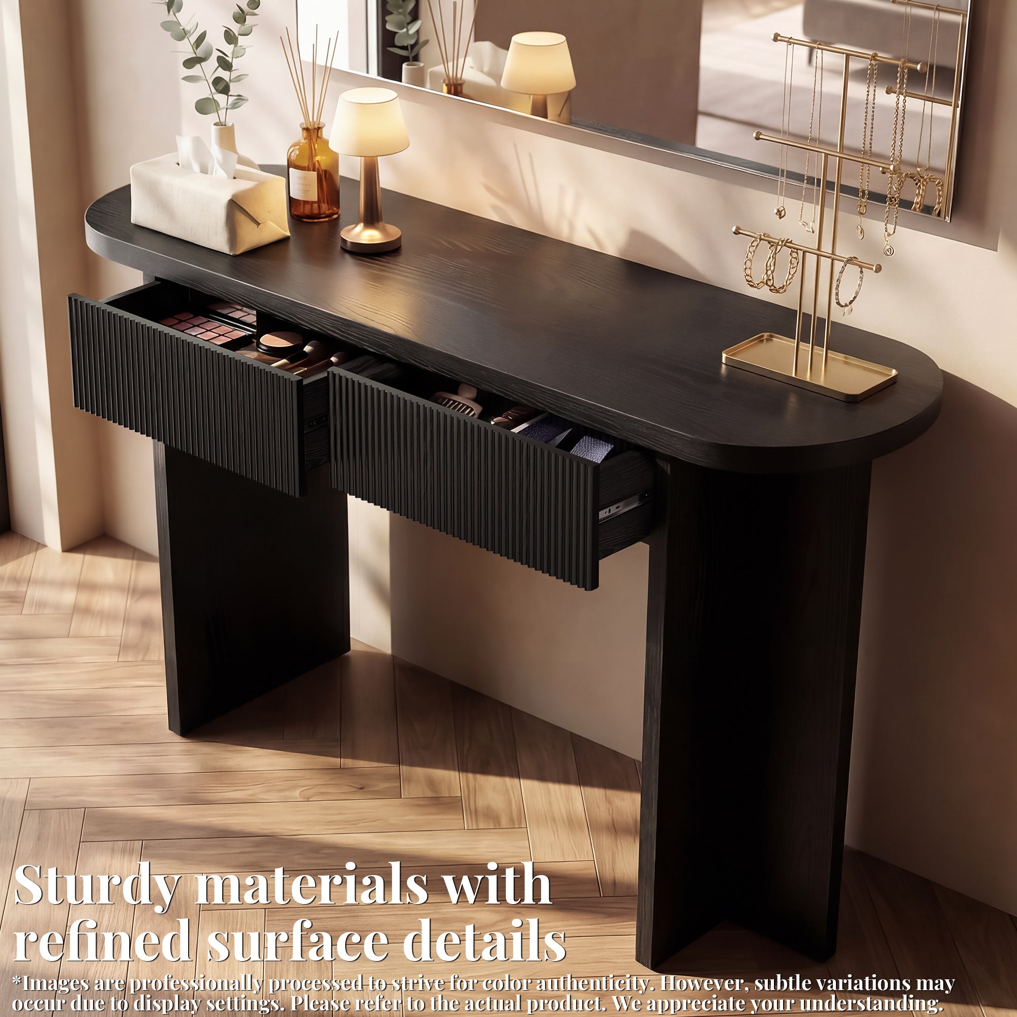 OMCHOM 55” Accent Console Table with Front Apron, Minimalist Style Entrance Table, Open Storage Sofa Table for Entrance, Hallway, Living Room, Bedroom, Dining Room, Corridor, Black