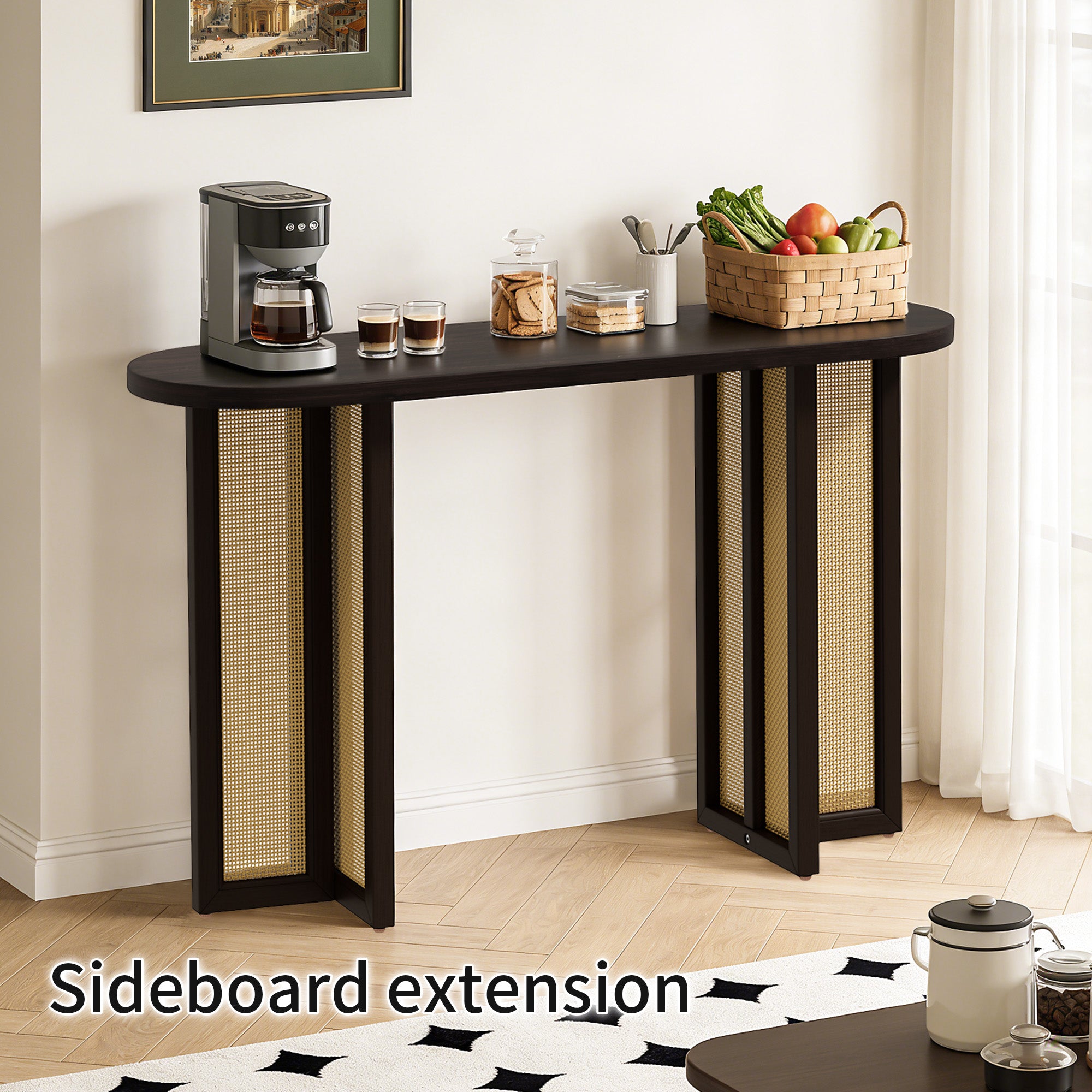 CATLK 47.8" Farmhouse Rattan Console Table - Oval Wooden Sofa Table Behind Couch, Narrow Entryway Table for Entryway & Living Room