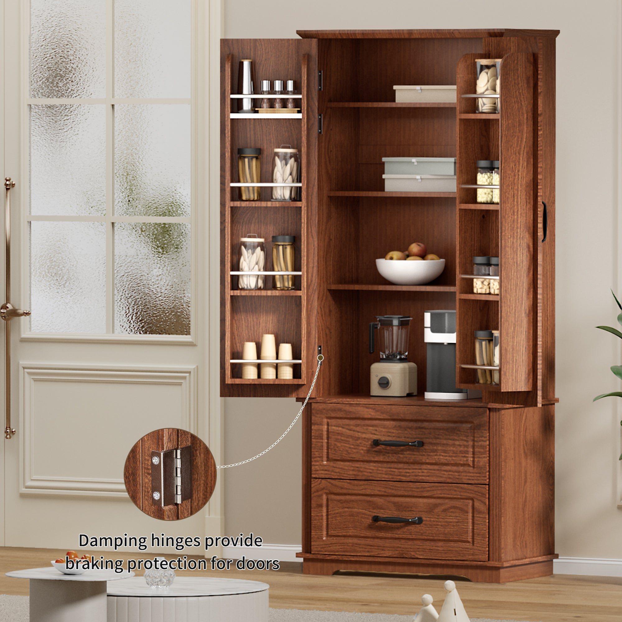 K&K 71" Farmhouse Kitchen Pantry Cabinet with Storage Brown