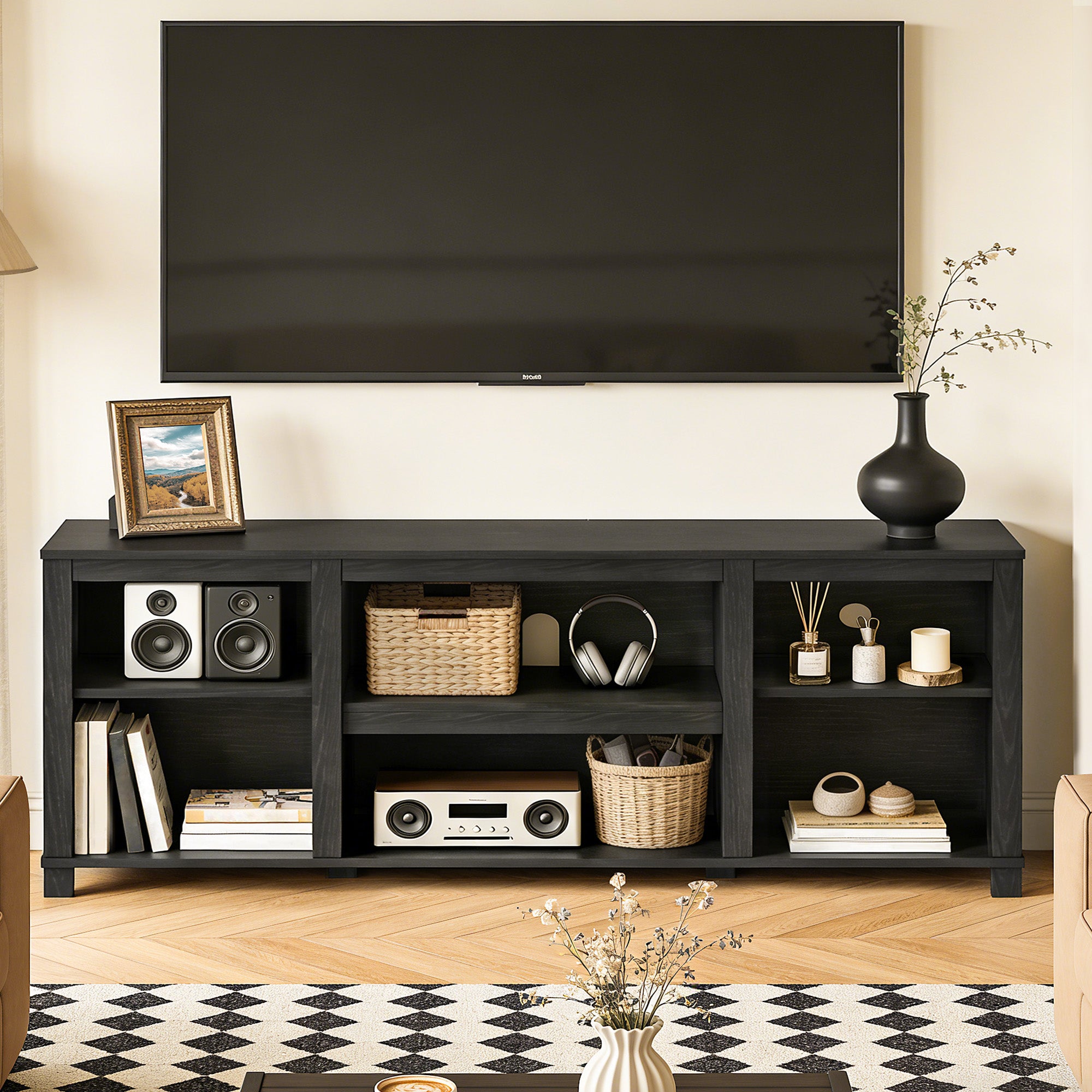 CATLK TV Stand for TVs up to 50", Media Entertainment Center with Adjustable Open Shelves, for Living Room or Bedroom, Black