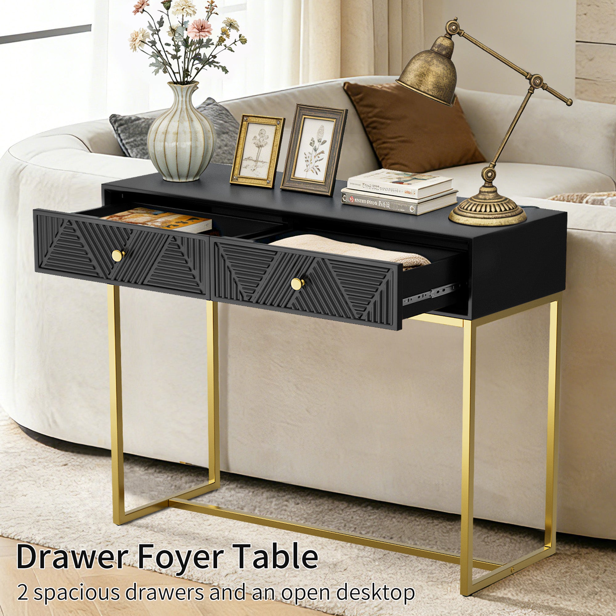 CATLK 38" Console Table with Stripe Design Drawers - Narrow Entryway Table, Wood Sofa Table with Gold Metal Legs for Living Room & Hallway