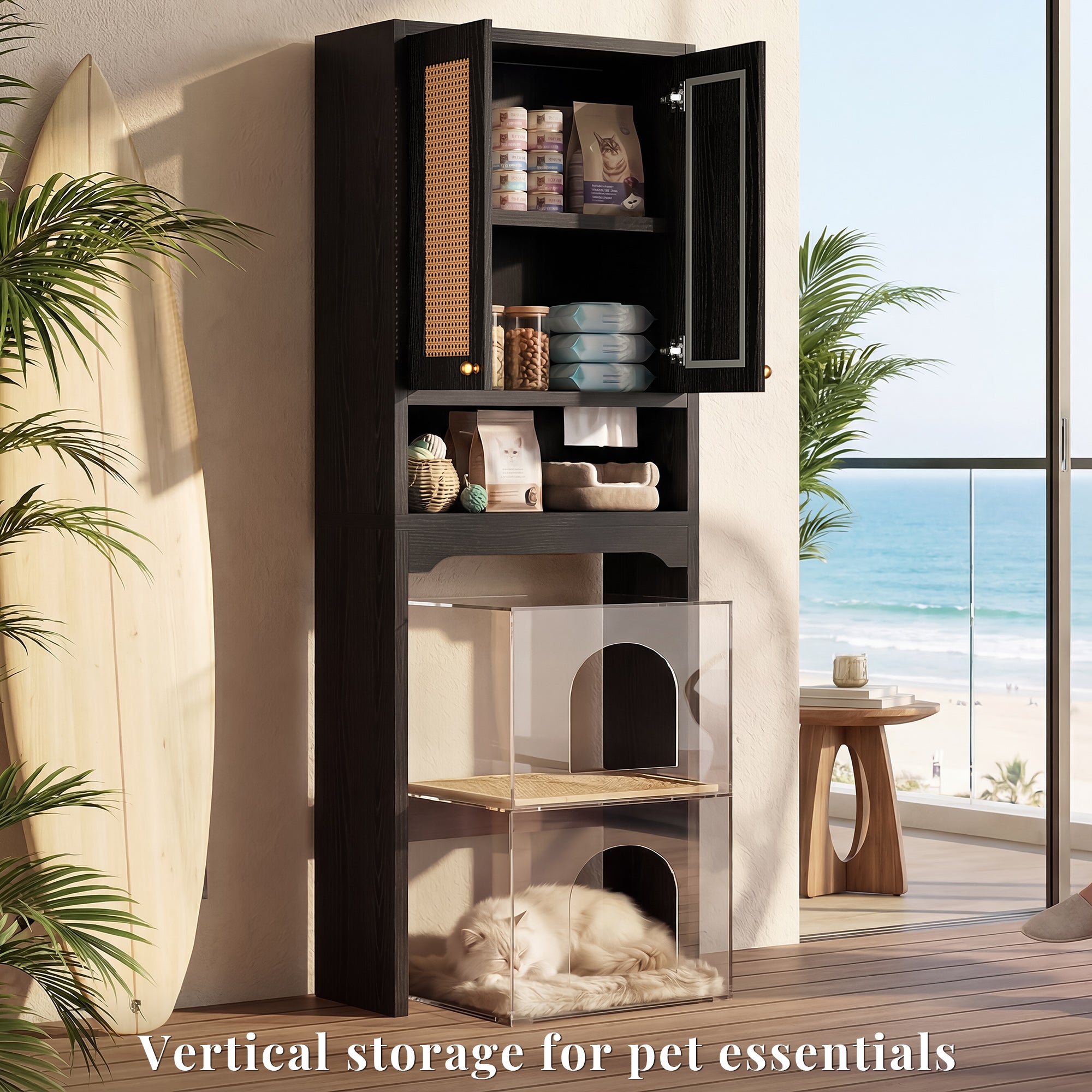 OMCHOM Over-The-Toilet Tall Bathroom Storage Cabinet with Wooden Floor, Rattan Door, 1 Drawer & Open Storage for Bathroom, Kitchen, Living Room