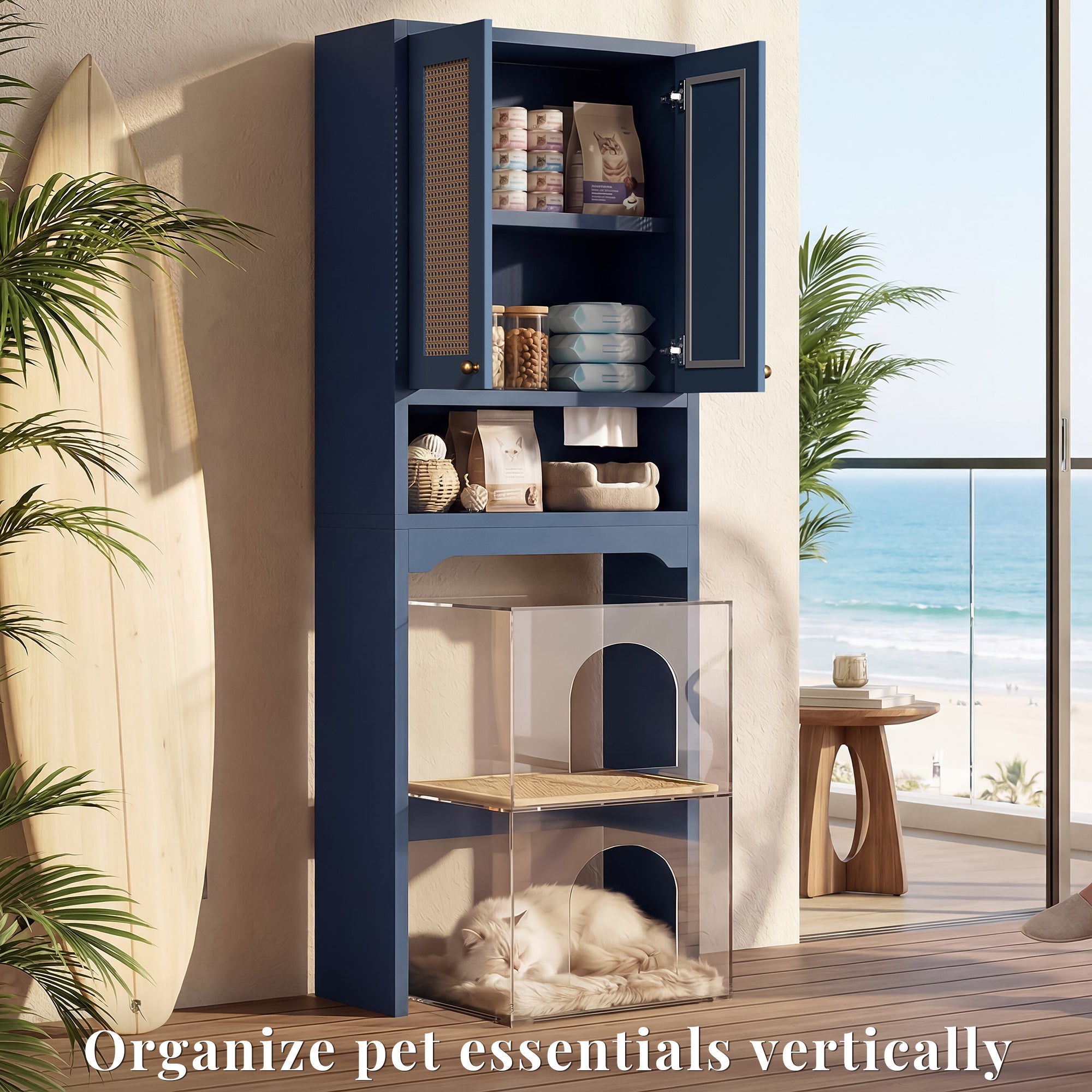 OMCHOM Over-The-Toilet Tall Bathroom Storage Cabinet with Wooden Floor, Rattan Door, 1 Drawer & Open Storage for Bathroom, Kitchen, Living Room