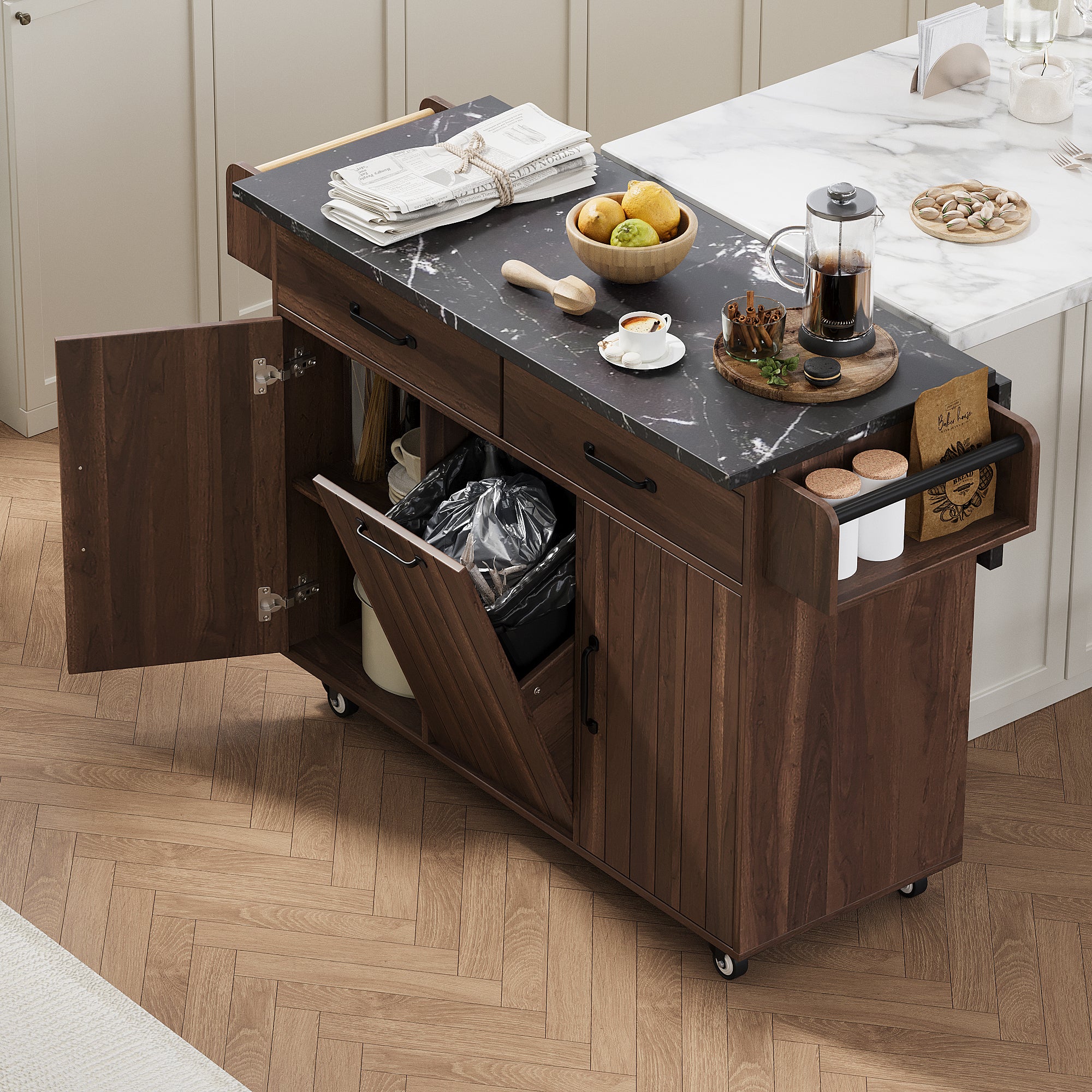 K&K Walnut Brown Kitchen Island Cart with Drop Leaf & Tilt-Out Trash Cabinet