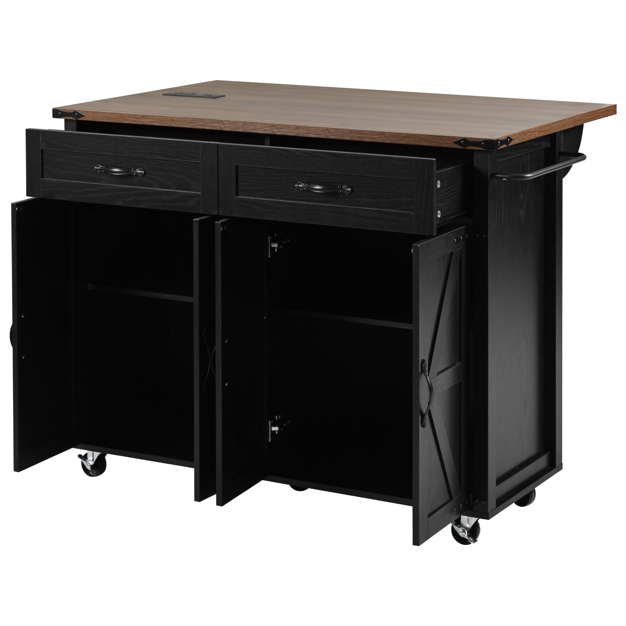 K&K 53.5" Black Farmhouse Kitchen Island with Power Outlet, Drop Leaf & Storage