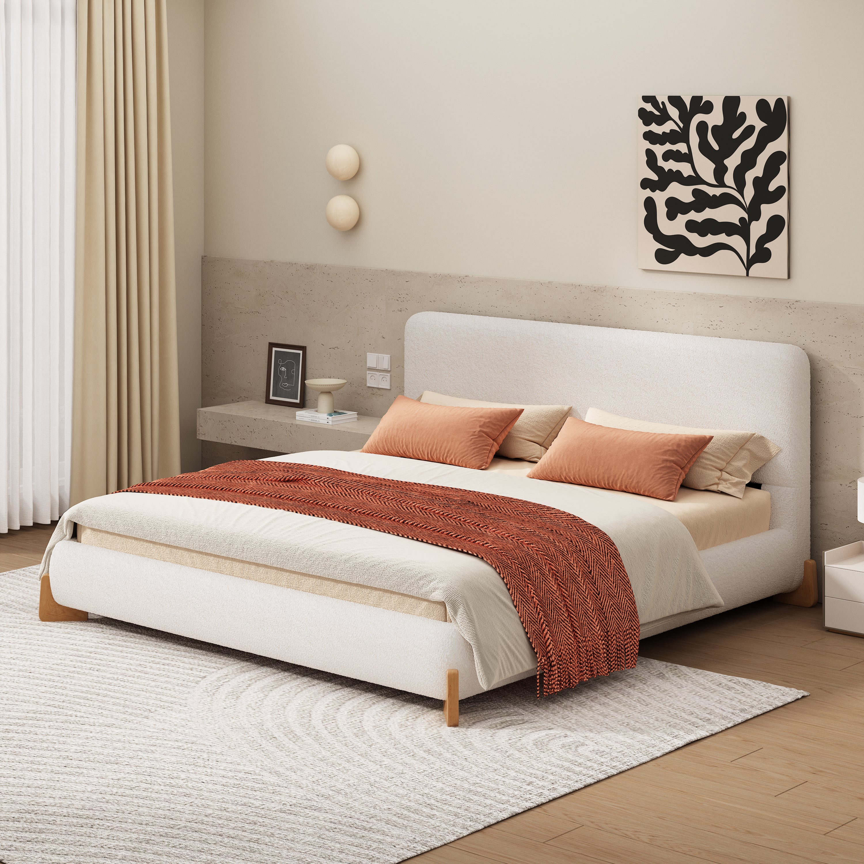 White Boucle Upholstered Bed, King Size – Modern Luxury Bedroom Furniture