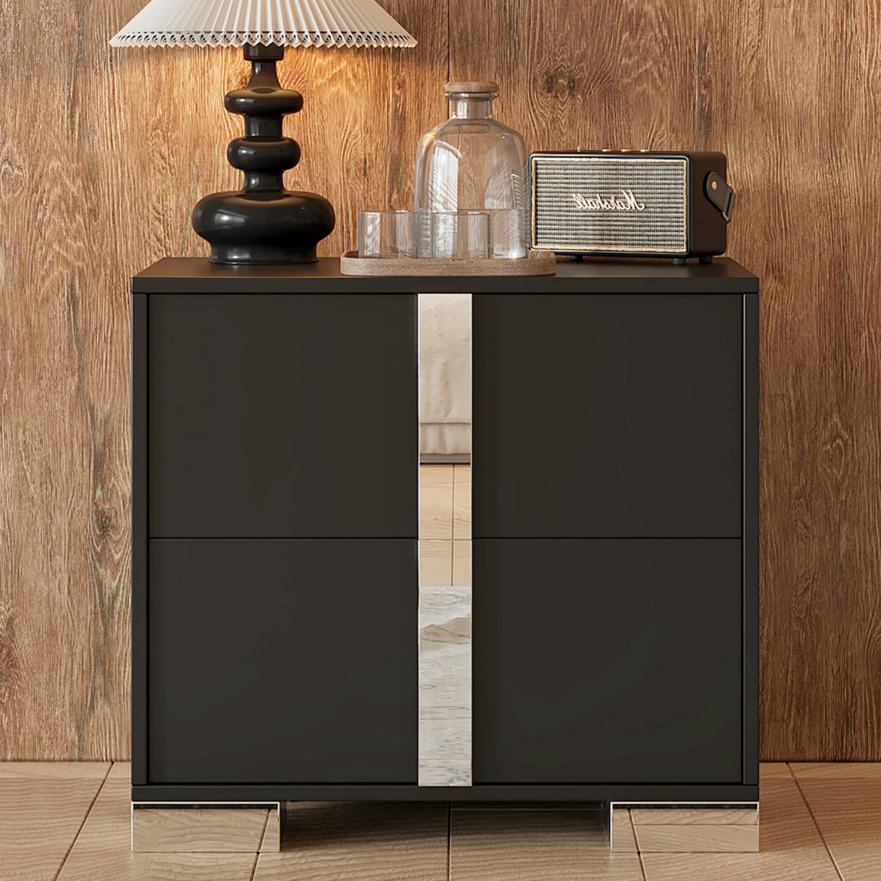 Black Mirrored Bedside Nightstand – Modern 2-Drawer Table