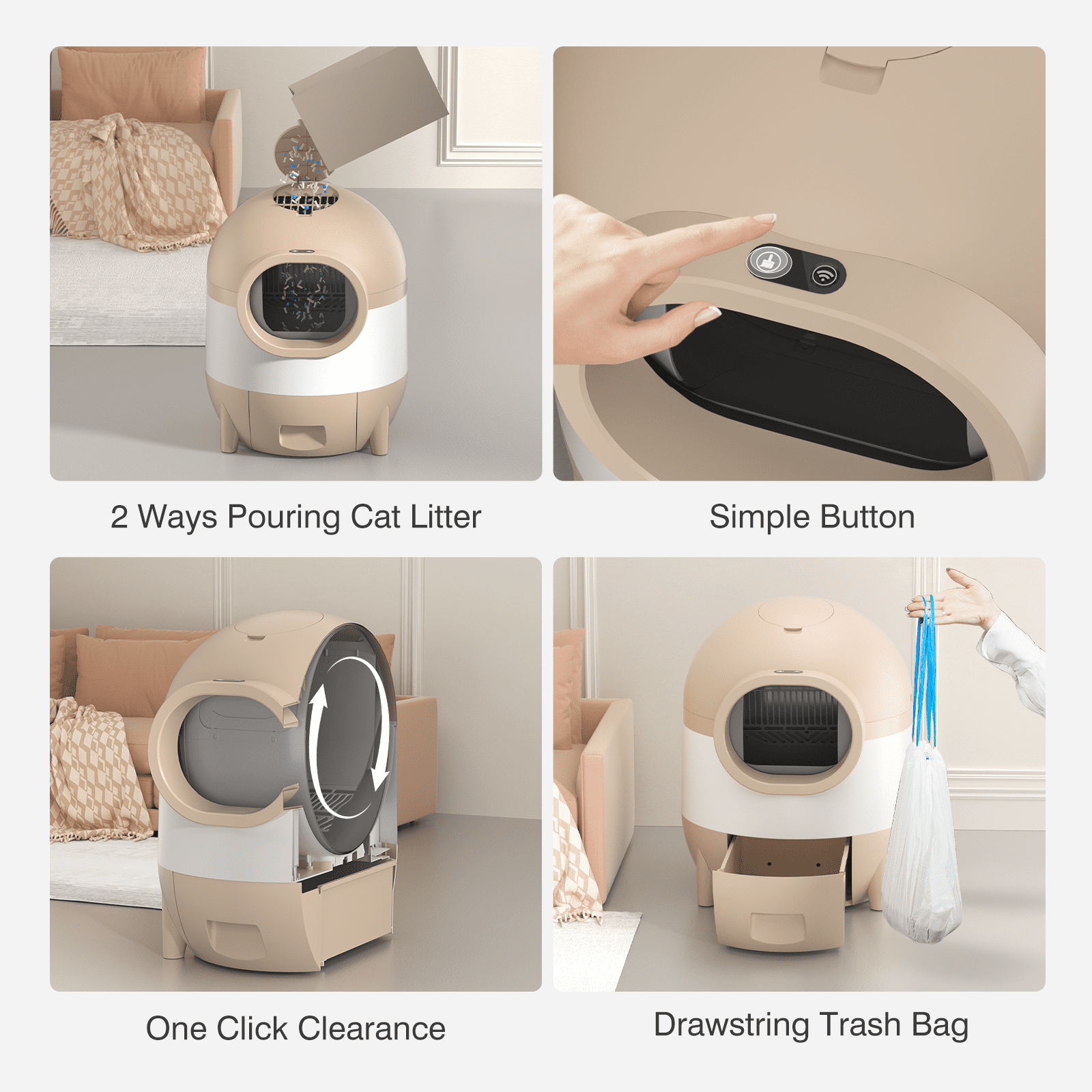 OMCPET 100L Smart Self Cleaning Cat Litter Box, Integrated Safety Protection Automatic Cat Litter Box for Multiple Cats, Odor Removal, APP Control, 2.4G Wifi, Brown