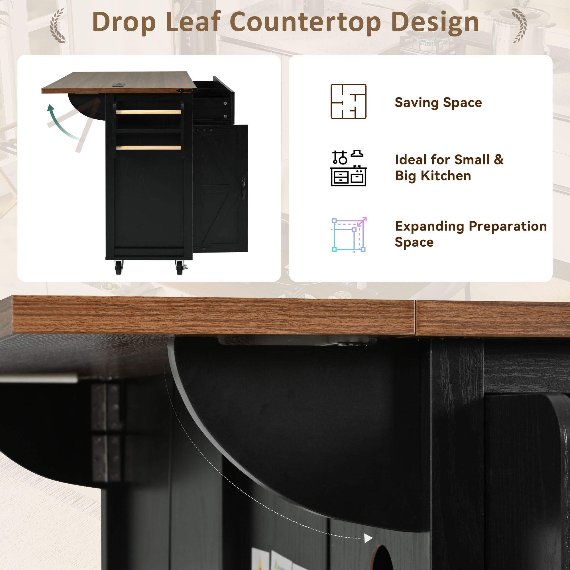 K&K 53.5" Black Farmhouse Kitchen Island with Power Outlet, Drop Leaf & Storage