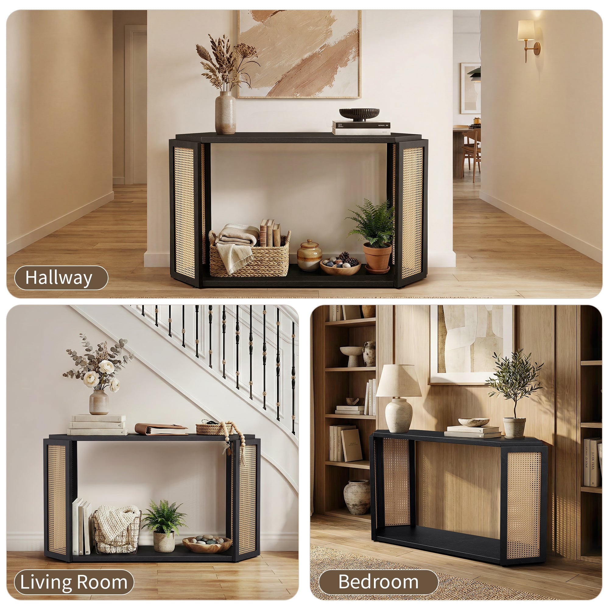 CATLK 53.54" Rattan Console Table with Open Shelf - Narrow Sofa Table Rhombus Wooden Table for Entryway, Hallway, Living Room