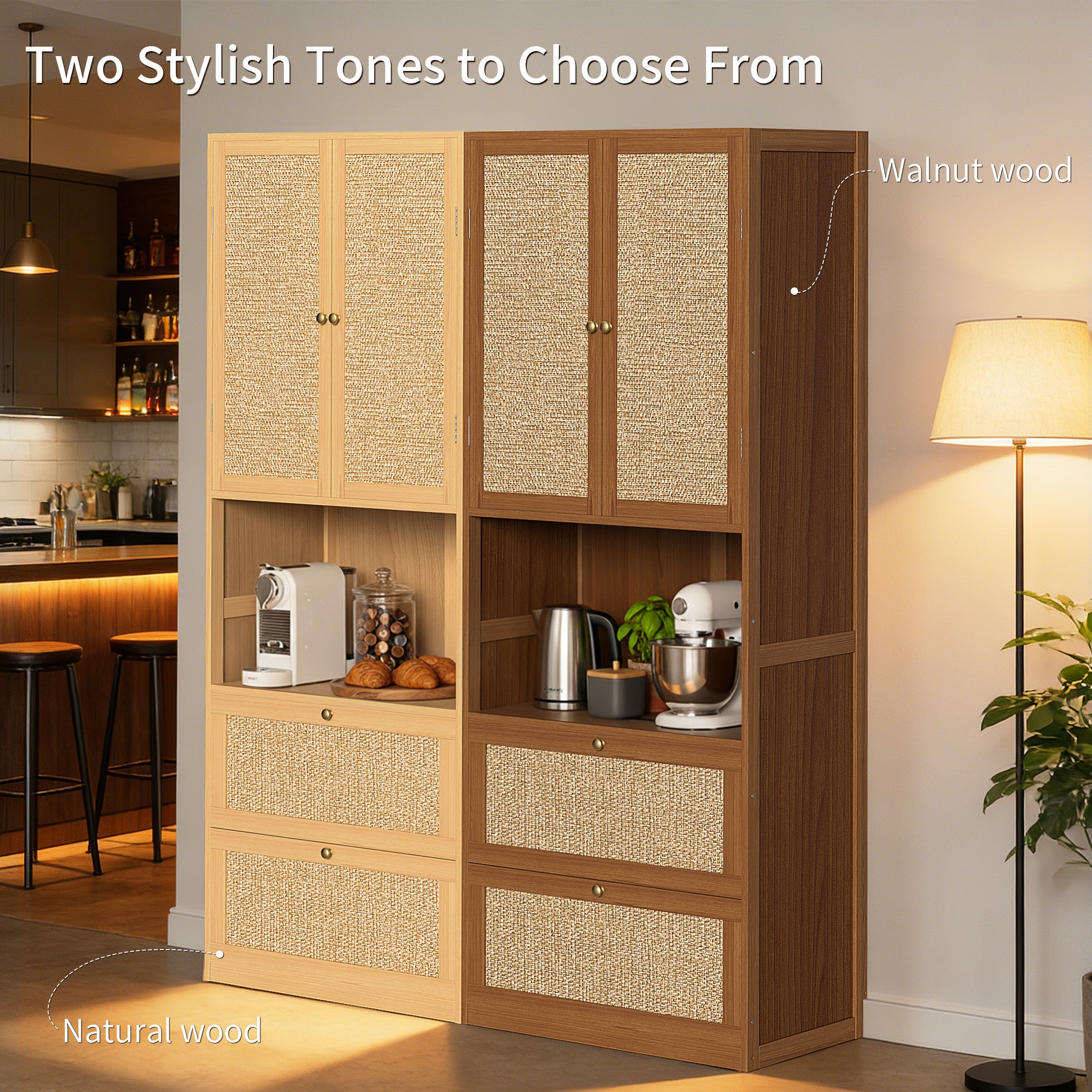 CATLK 72.8" H Rattan Pantry Storage Cabinet with 3 Drawers, Bookshelf with USB Port, with 2 Doors, Cupboard, Kitchen Cabinet, for Living Room, Entryway