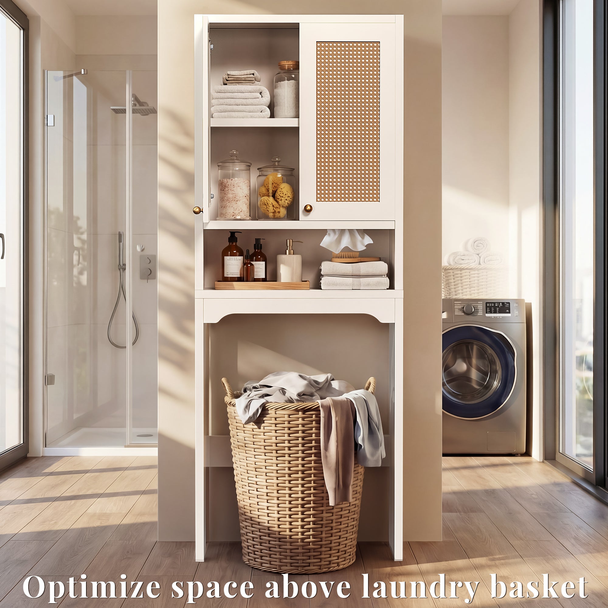 OMCHOM Over-The-Toilet Tall Bathroom Storage Cabinet with Wooden Floor, Rattan Door, 1 Drawer & Open Storage for Bathroom, Kitchen, Living Room