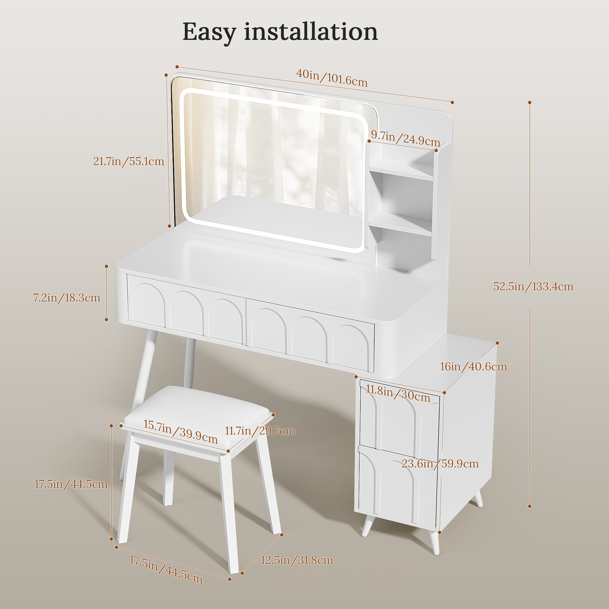 White Vanity Set with LED Mirror & 4 Drawers