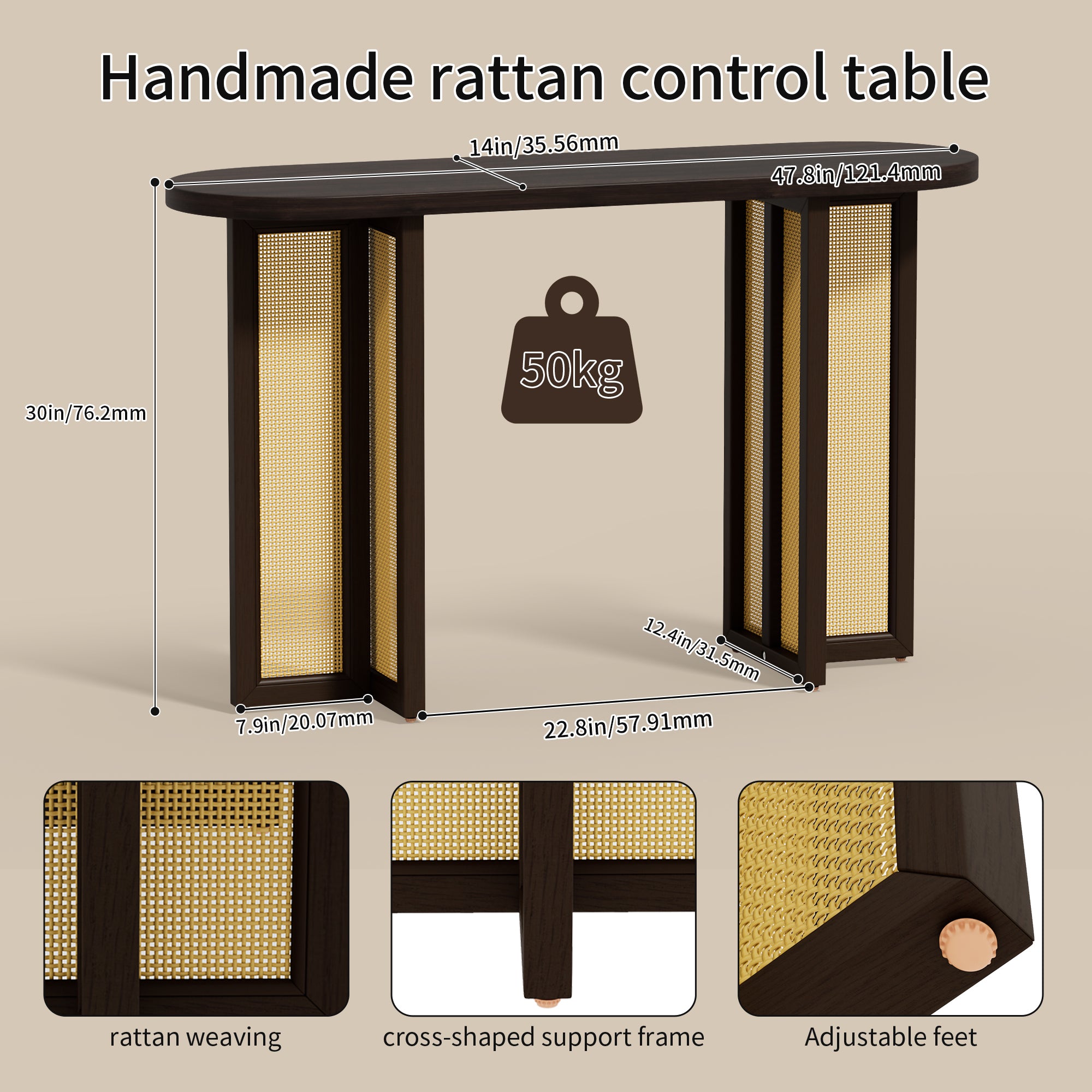 CATLK 47.8" Farmhouse Rattan Console Table - Oval Wooden Sofa Table Behind Couch, Narrow Entryway Table for Entryway & Living Room