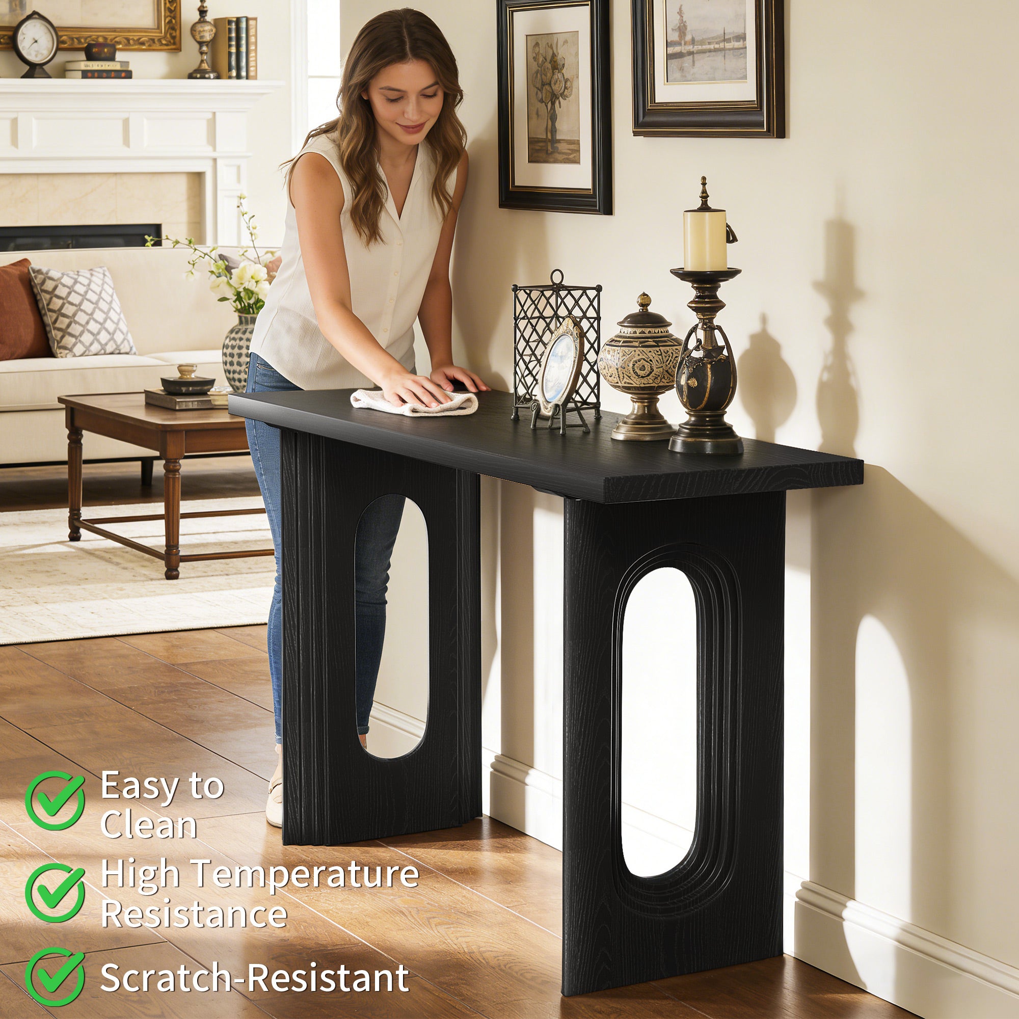 CATLK 59.2 Inch Console Table - Sofa Table Hallway Table, Solid Wood Veneer Console Table Behind Couch with Round Hollow Legs for Foyer, Living Room or Hallway