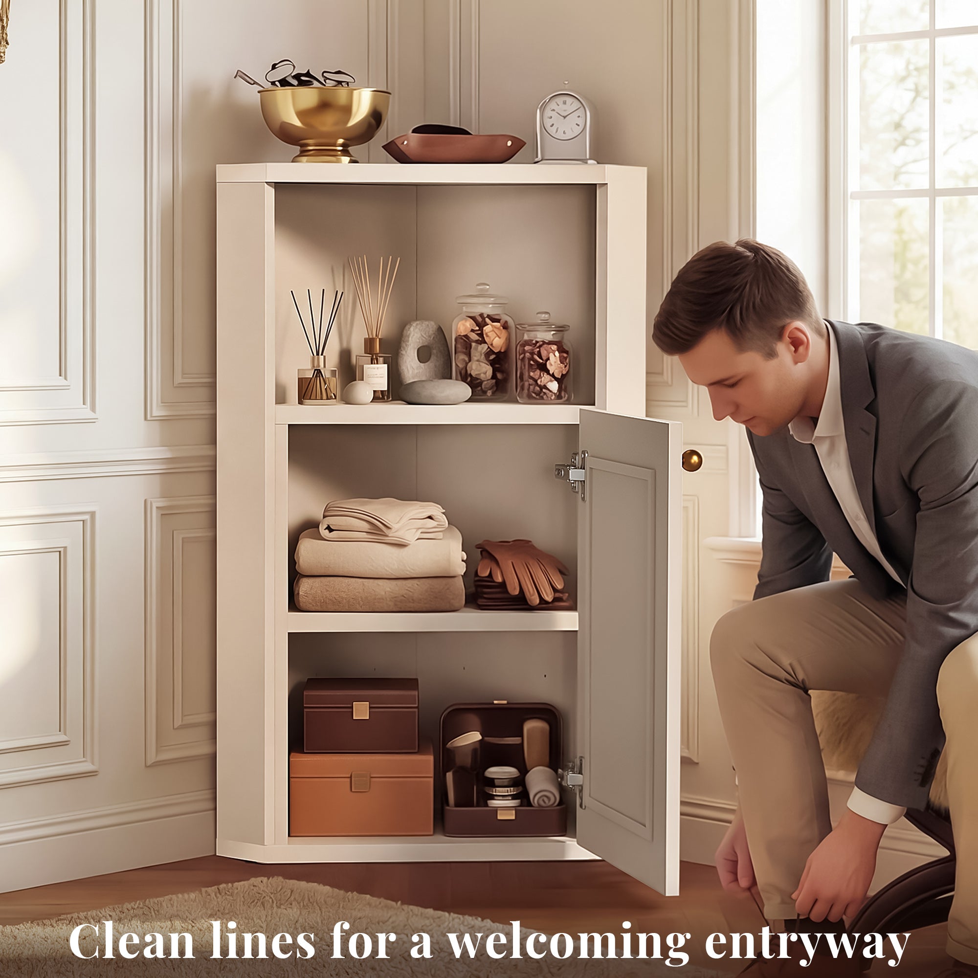 OMCHOM Corner Bathroom Cabinet, Space-Saving 90° Triangular Design with Adjustable Internal Shelf, With Elegant Rattan Door, Anti-Tip & Soft-Close Features, Multipurpose Organizer for Bathroom Bedroom Living Room Entryway