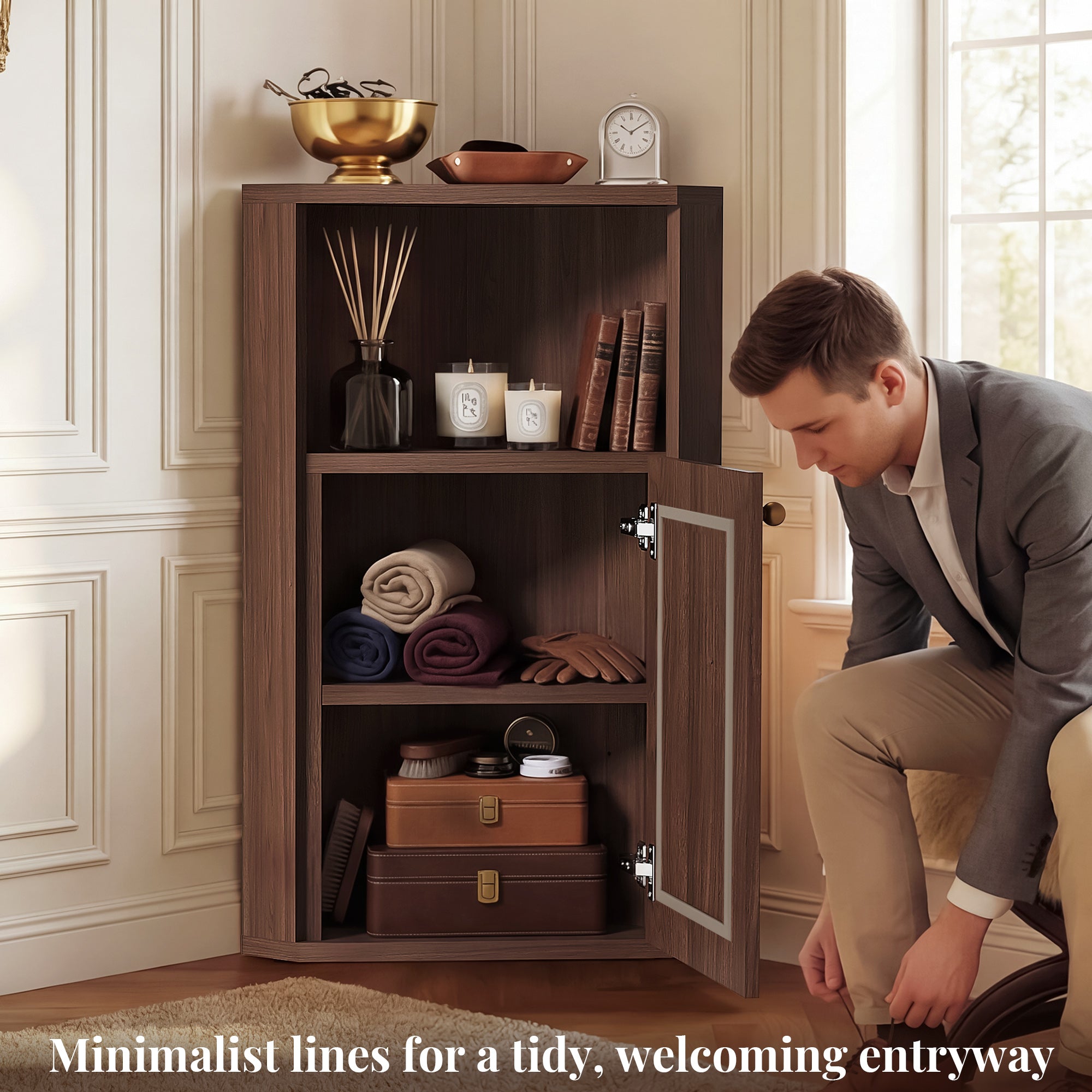 OMCHOM Corner Bathroom Cabinet, Space-Saving 90° Triangular Design with Adjustable Internal Shelf, With Elegant Rattan Door, Anti-Tip & Soft-Close Features, Multipurpose Organizer for Bathroom Bedroom Living Room Entryway