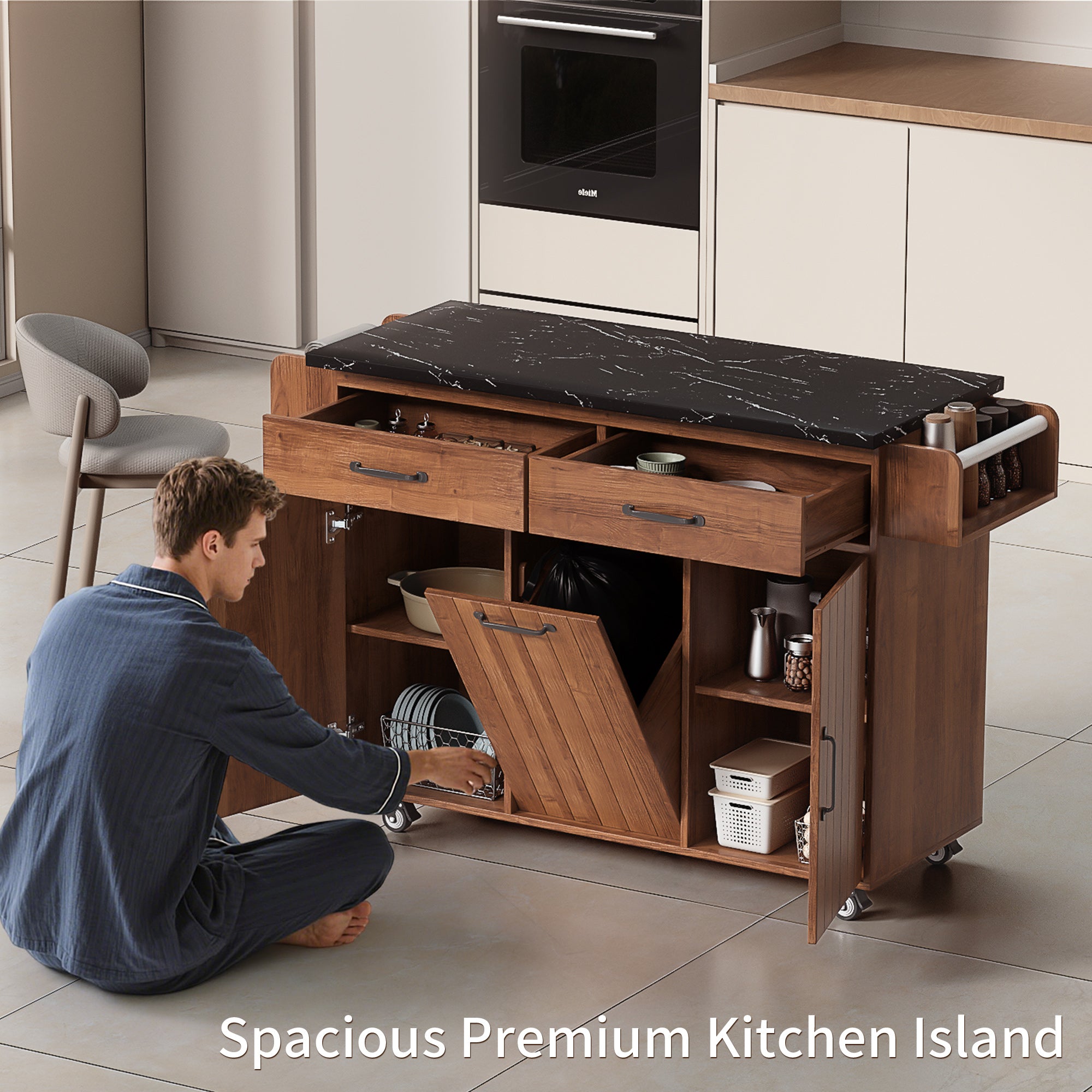 K&K Walnut Brown Kitchen Island Cart with Drop Leaf & Tilt-Out Trash Cabinet