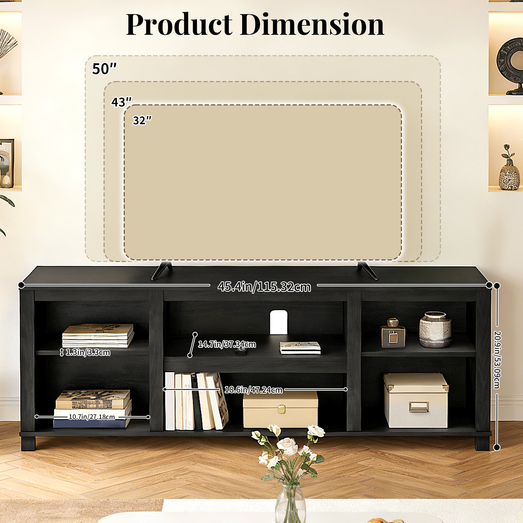 CATLK TV Stand for TVs up to 50", Media Entertainment Center with Adjustable Open Shelves, for Living Room or Bedroom, Black