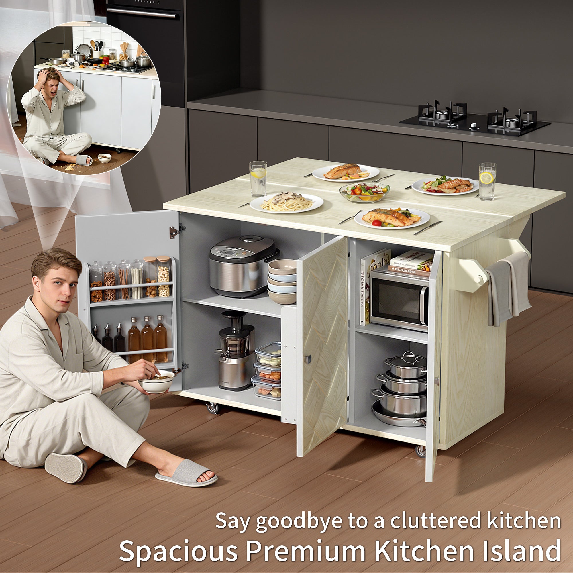 CATLK 51.2"W Kitchen Island on Wheels, Rolling Kitchen Island Cart with Solid Wood Drop Leaf Prep Table, Kitchen Islands with Storage Cabinet and Towel Rack, Island Table