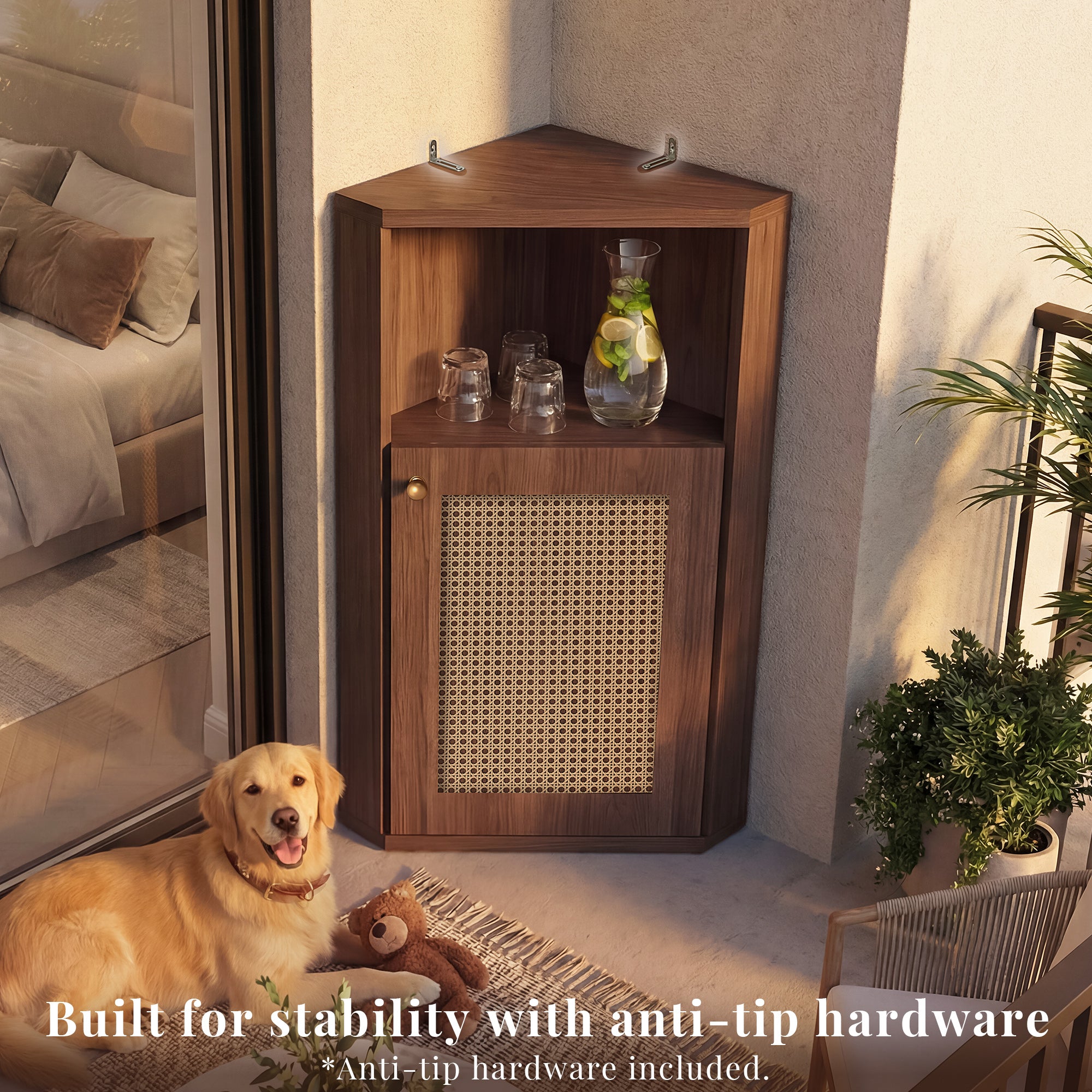 OMCHOM Corner Bathroom Cabinet, Space-Saving 90° Triangular Design with Adjustable Internal Shelf, With Elegant Rattan Door, Anti-Tip & Soft-Close Features, Multipurpose Organizer for Bathroom Bedroom Living Room Entryway