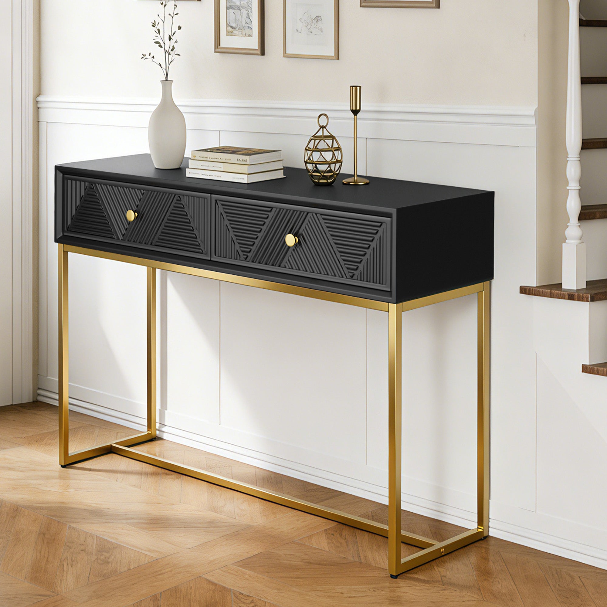CATLK 38" Console Table with Stripe Design Drawers - Narrow Entryway Table, Wood Sofa Table with Gold Metal Legs for Living Room & Hallway
