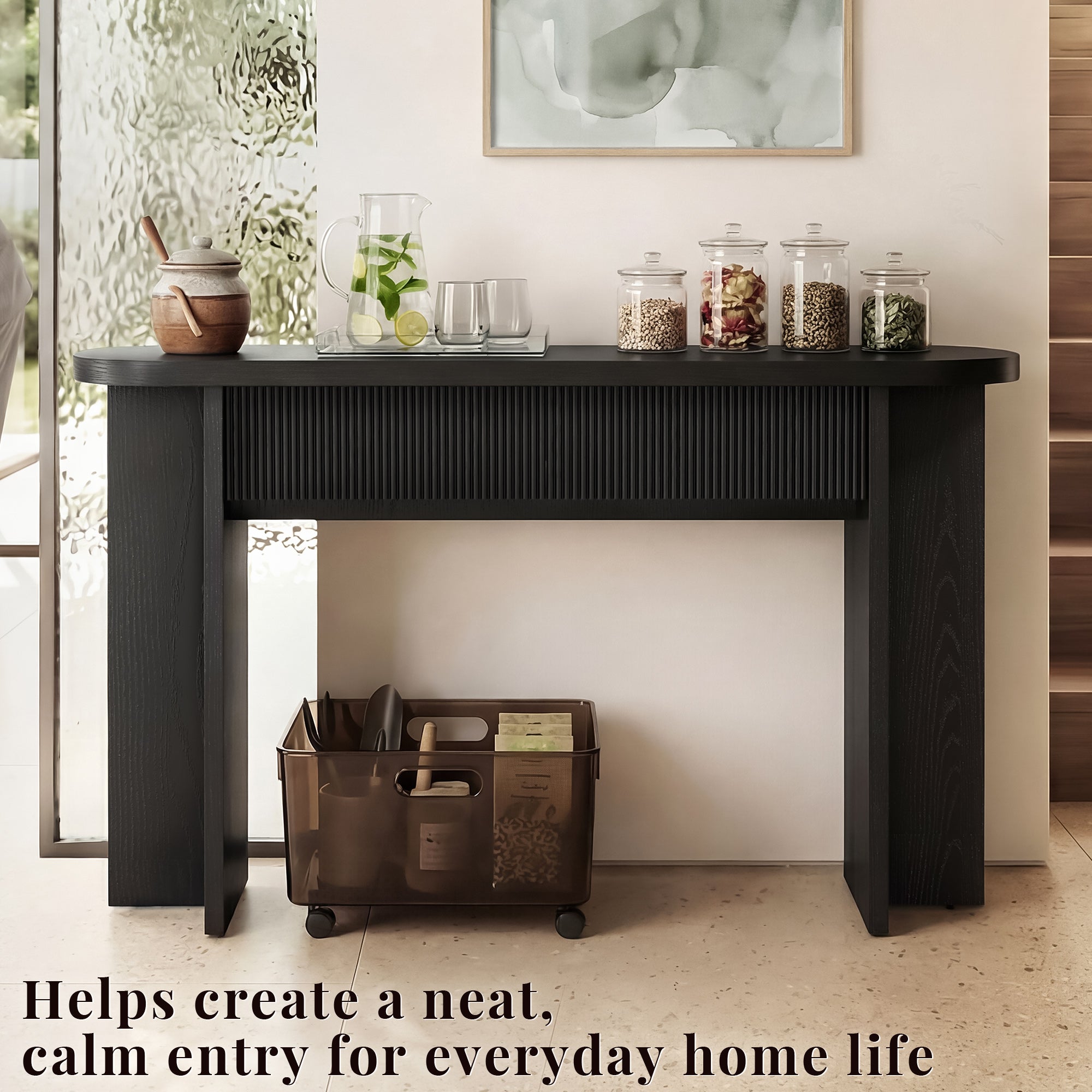 OMCHOM 55” Accent Console Table with Front Apron, Minimalist Style Entrance Table, Open Storage Sofa Table for Entrance, Hallway, Living Room, Bedroom, Dining Room, Corridor, Black
