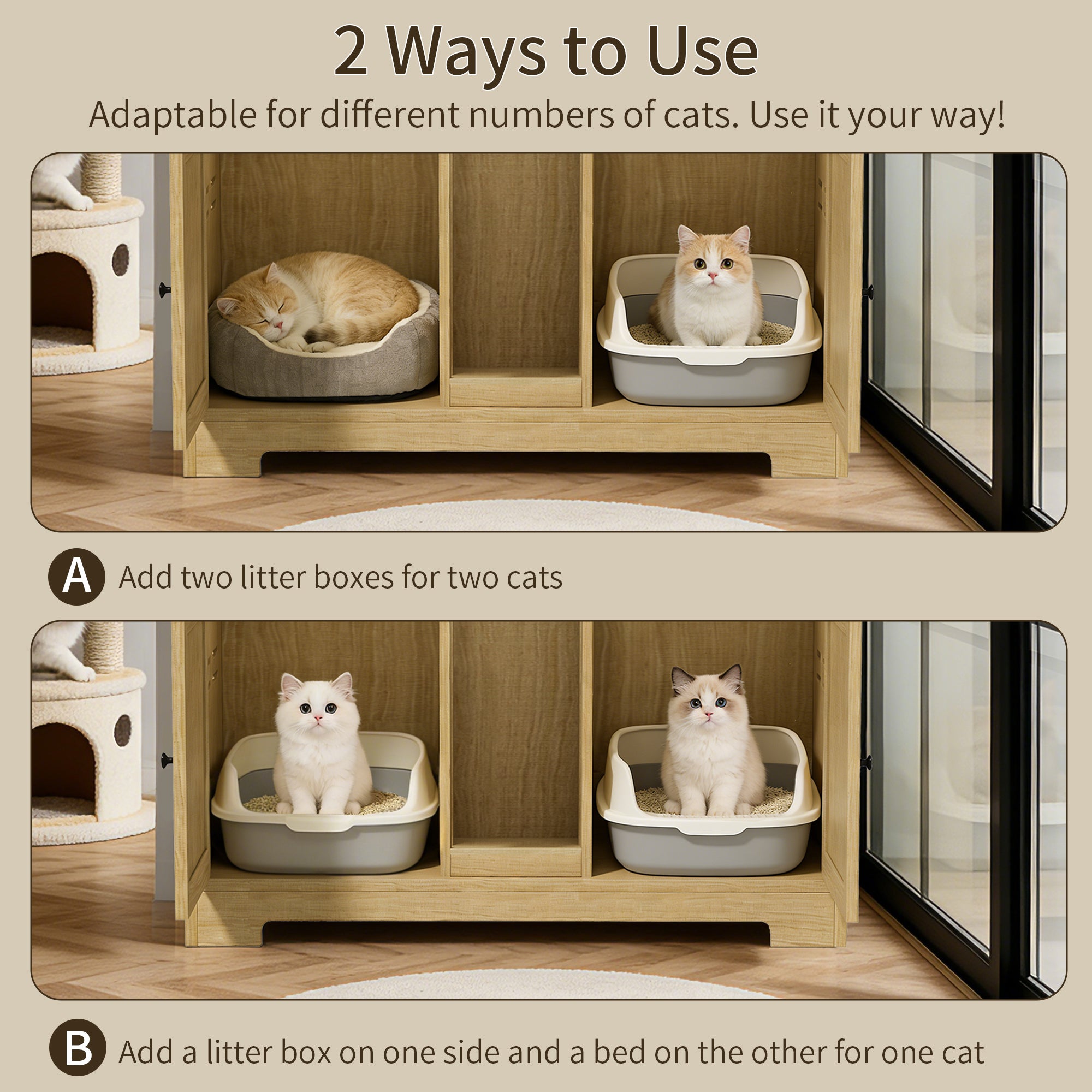 CATLK Double Cat Litter Box Enclosure - Hidden Litter Box Furniture Cabinet with Storage for 2 Cats, Wood Indoor Cat House Washroom End Side Table, Brown