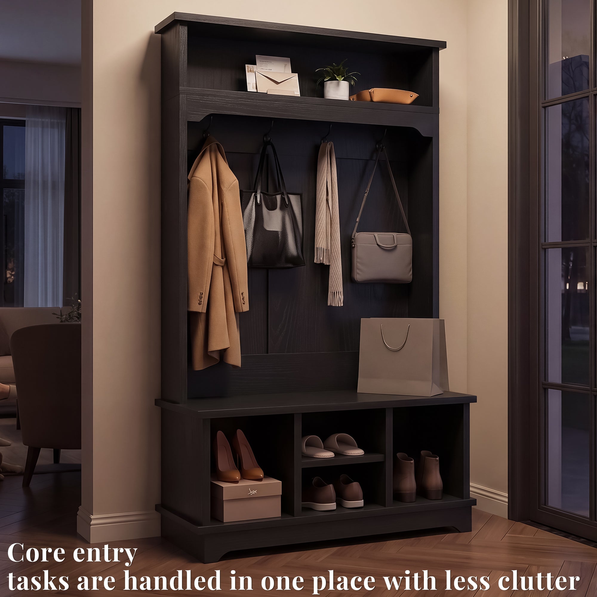 OMCHOM 5-in-1 Entryway Hall Tree with Bench & 4-Hook Coat Rack Organizer with Shoe Storage for Clothes, Shoes, Hats, Scarves, Bags, Umbrellas & Keys | 71" Tall Coat Rack with Shoe Storage & Top Shelf