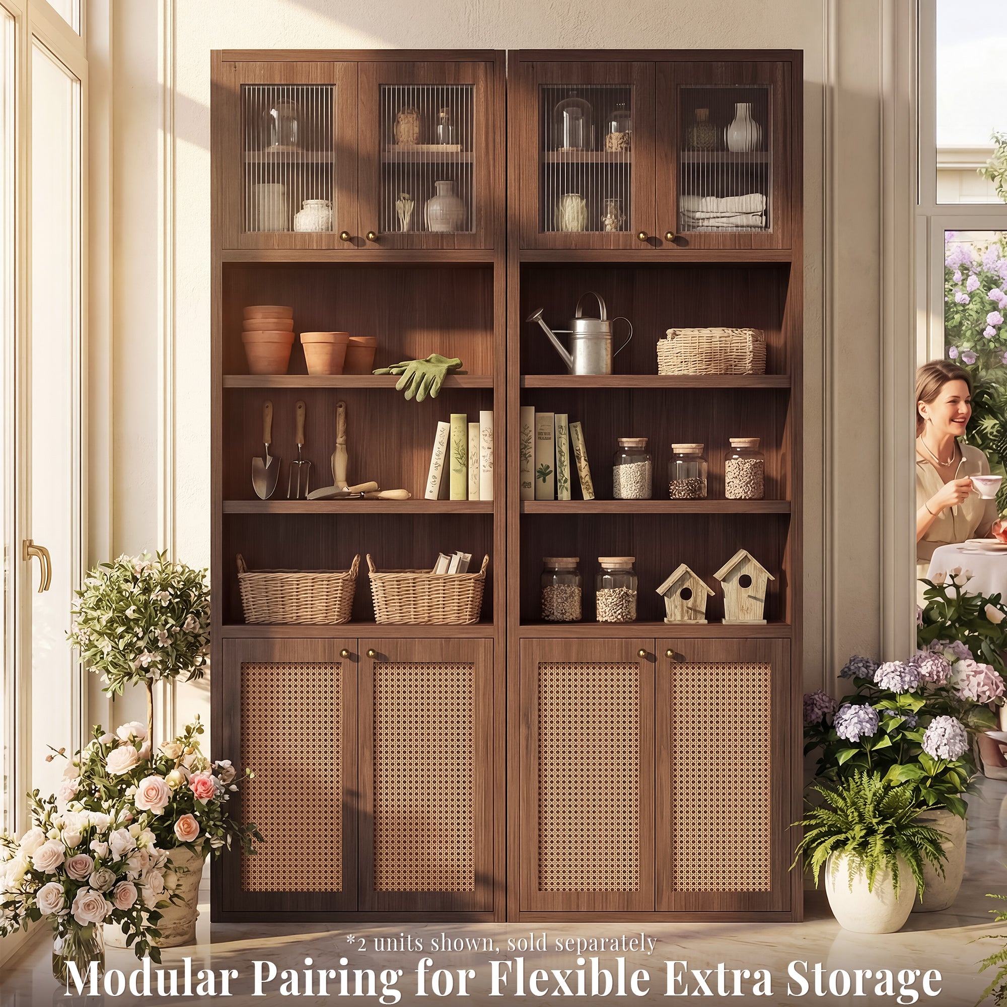 OMCHOM 71" Tall Bathroom Storage Cabinet with Adjustable Shelves,with Fluted Glass & Rattan Doors, Narrow Tall Linen Tower with Open Shelves, Two-Way Doors Freestanding Cabinet with Anti-Tip, for Home, Kitchen, Living Room