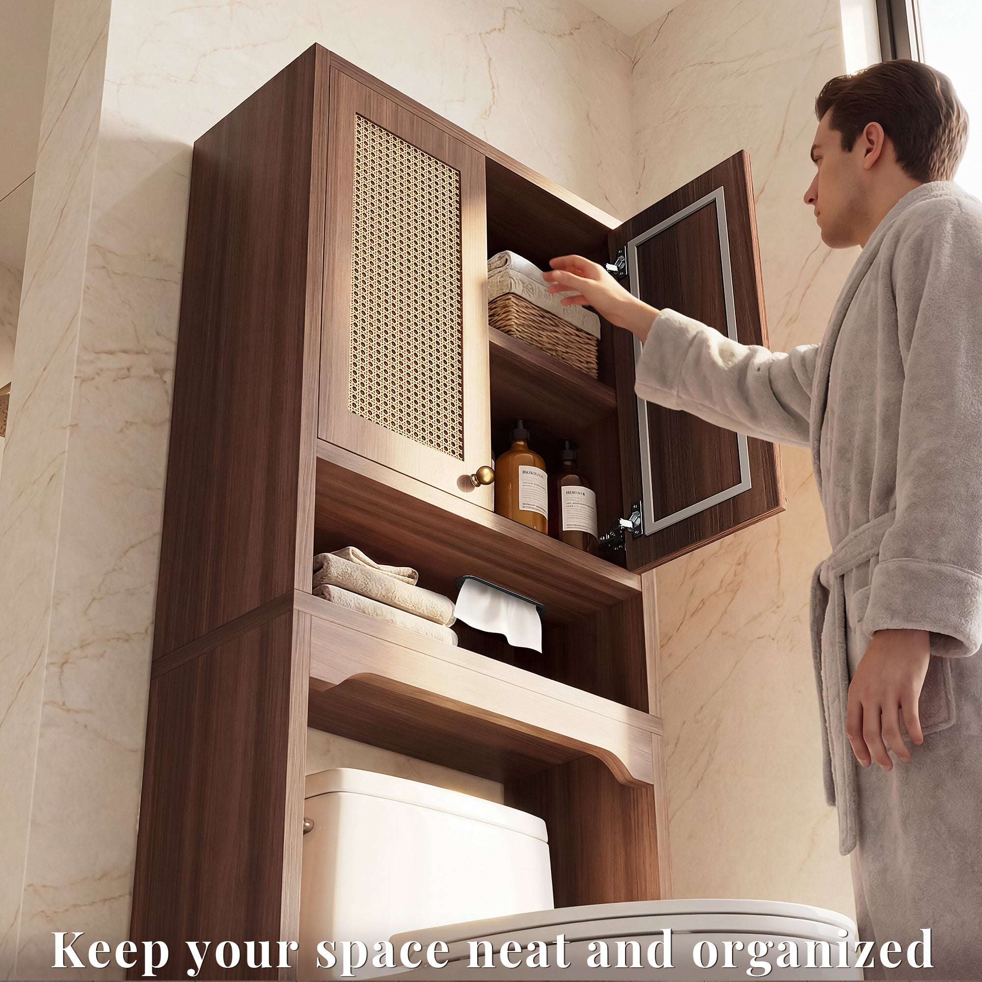 OMCHOM Over-The-Toilet Tall Bathroom Storage Cabinet with Wooden Floor, Rattan Door, 1 Drawer & Open Storage for Bathroom, Kitchen, Living Room