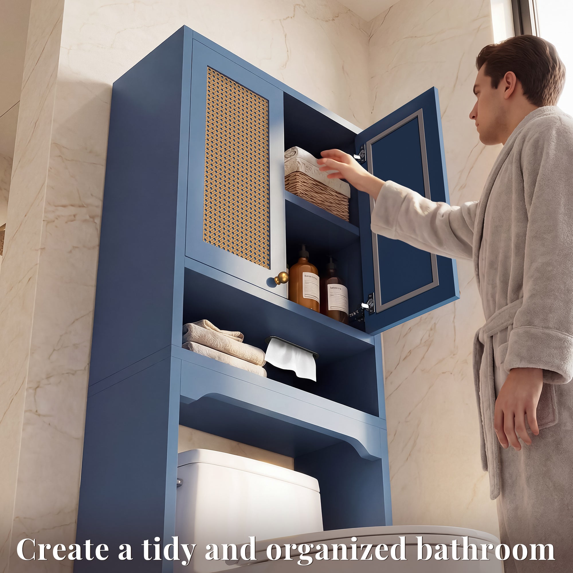 OMCHOM Over-The-Toilet Tall Bathroom Storage Cabinet with Wooden Floor, Rattan Door, 1 Drawer & Open Storage for Bathroom, Kitchen, Living Room