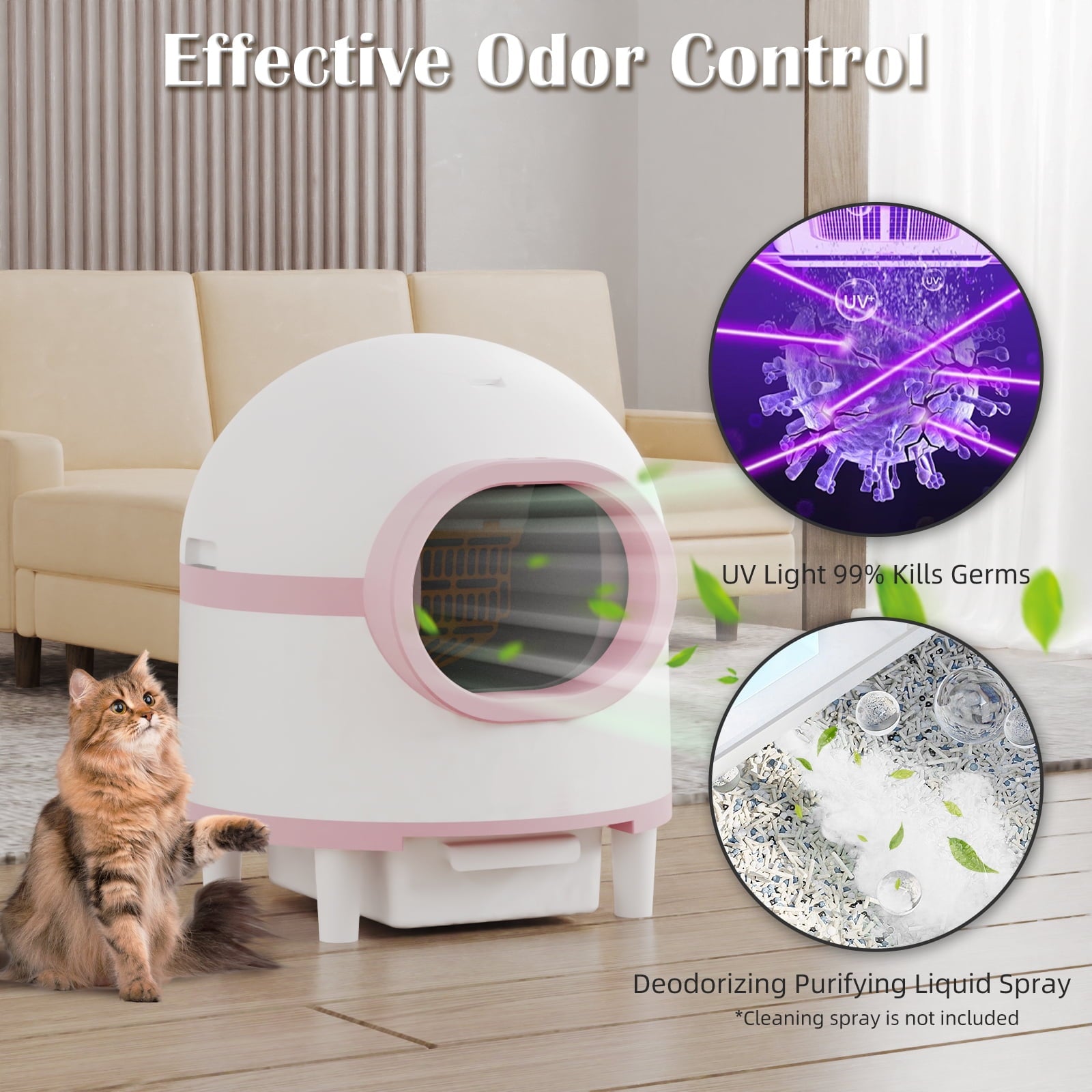 OMCPET Self Cleaning Litter Box, Automatic Cat Litter Box Self Cleaning Large Capacity for Multiple Cats, App-Controlled with Safety Sensors,1 Rolls Garbage Bags,Pink