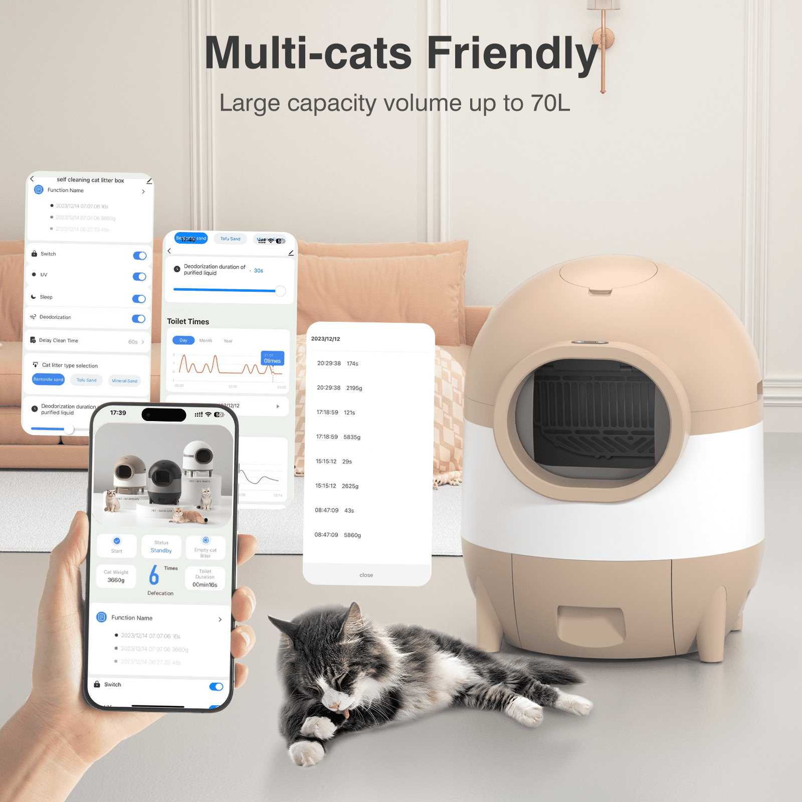 OMCPET 100L Smart Self Cleaning Cat Litter Box, Integrated Safety Protection Automatic Cat Litter Box for Multiple Cats, Odor Removal, APP Control, 2.4G Wifi, Brown