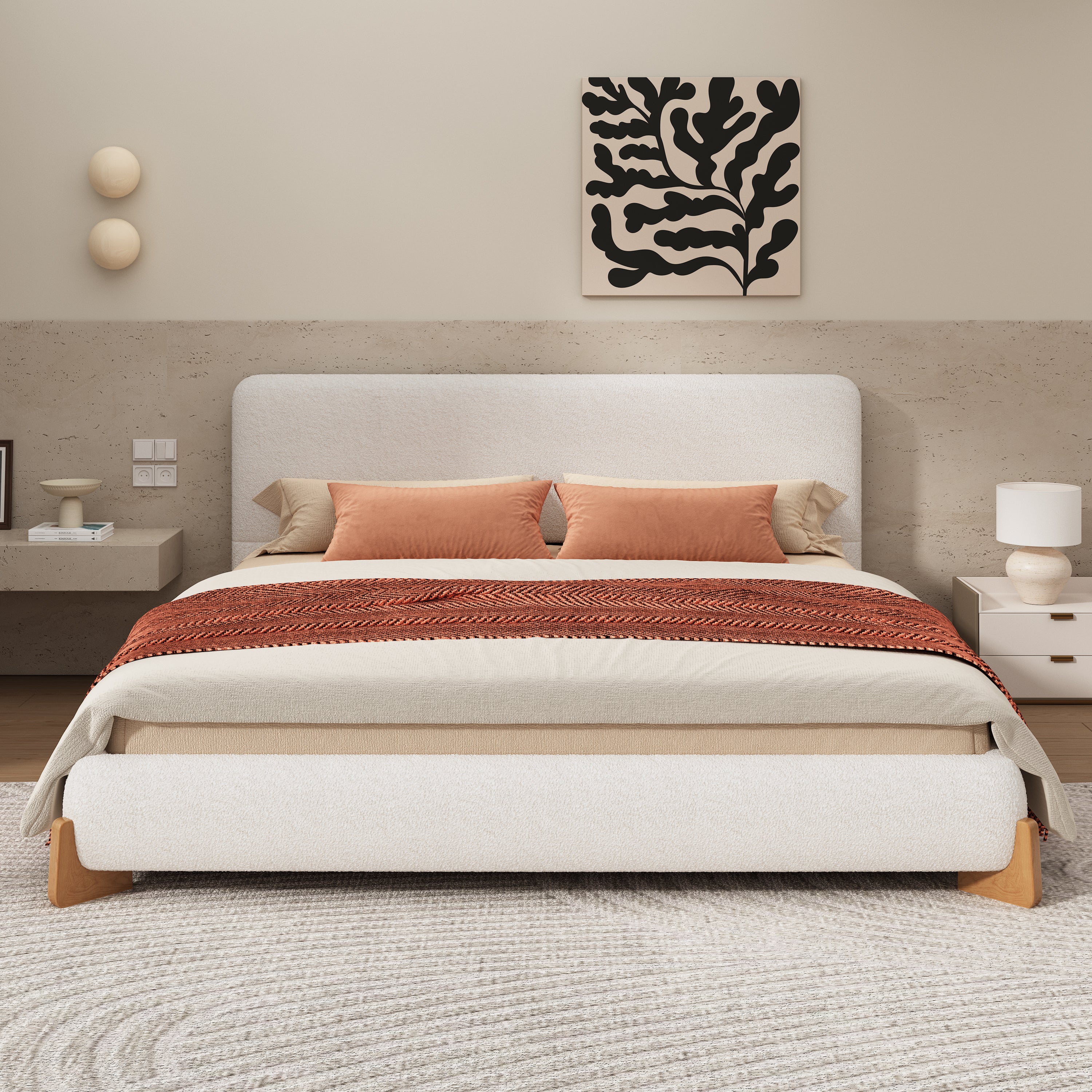 White Boucle Upholstered Bed, King Size – Modern Luxury Bedroom Furniture